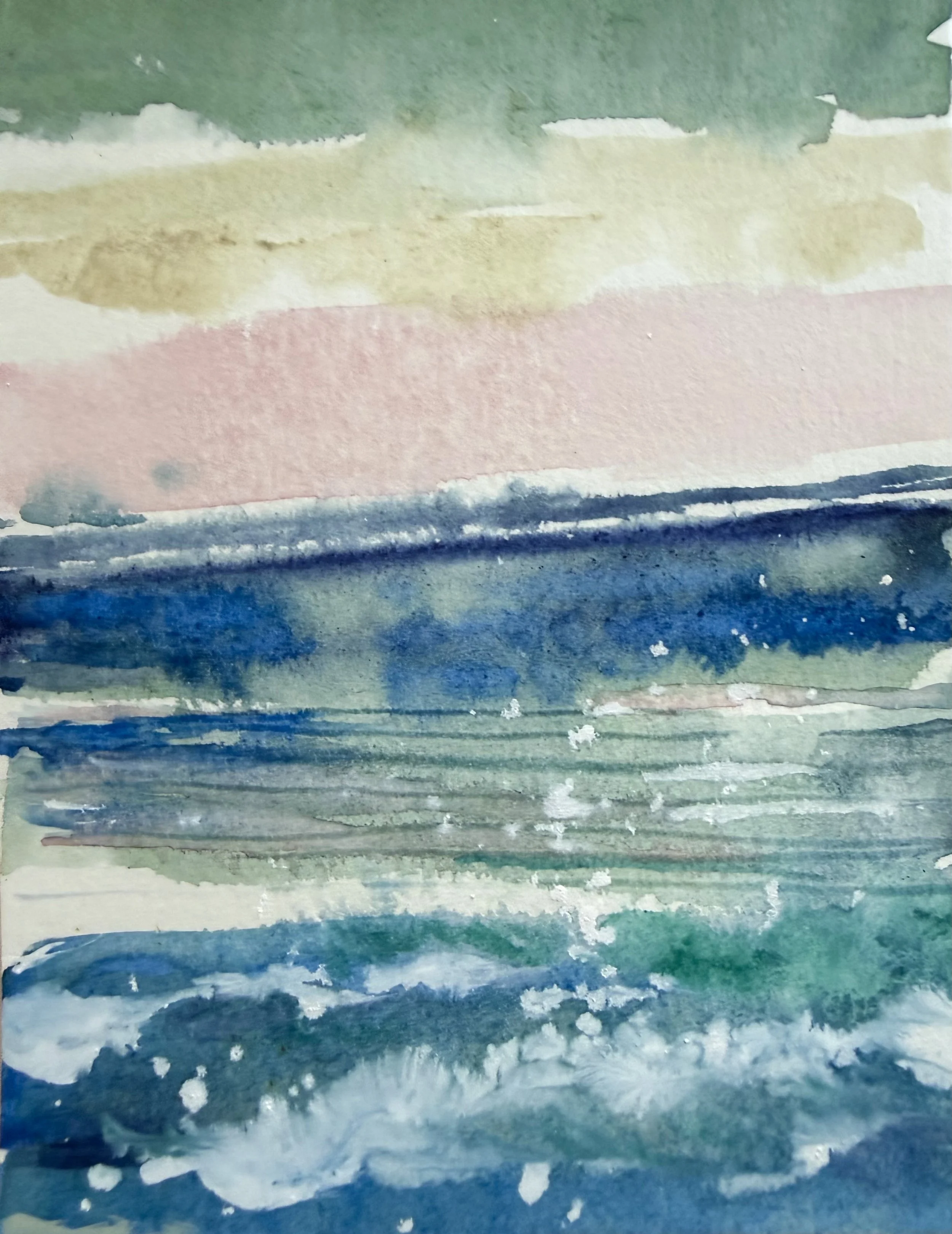 drifting is a painting of soft ocean waves in cobalt blue and teal, with pink and green skies, calming and relaxing, like a quiet day at the beach filled with peace and daydreams