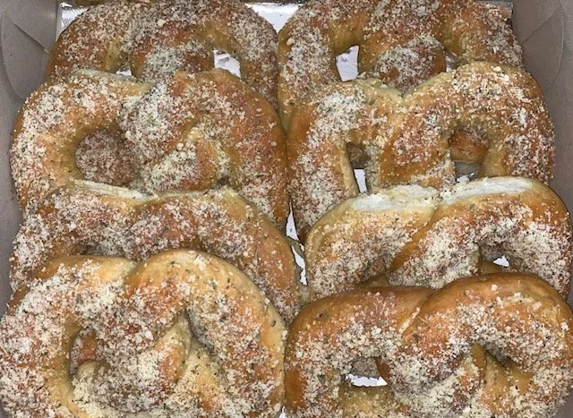 A box of eight sugar-dusted plain pretzels.