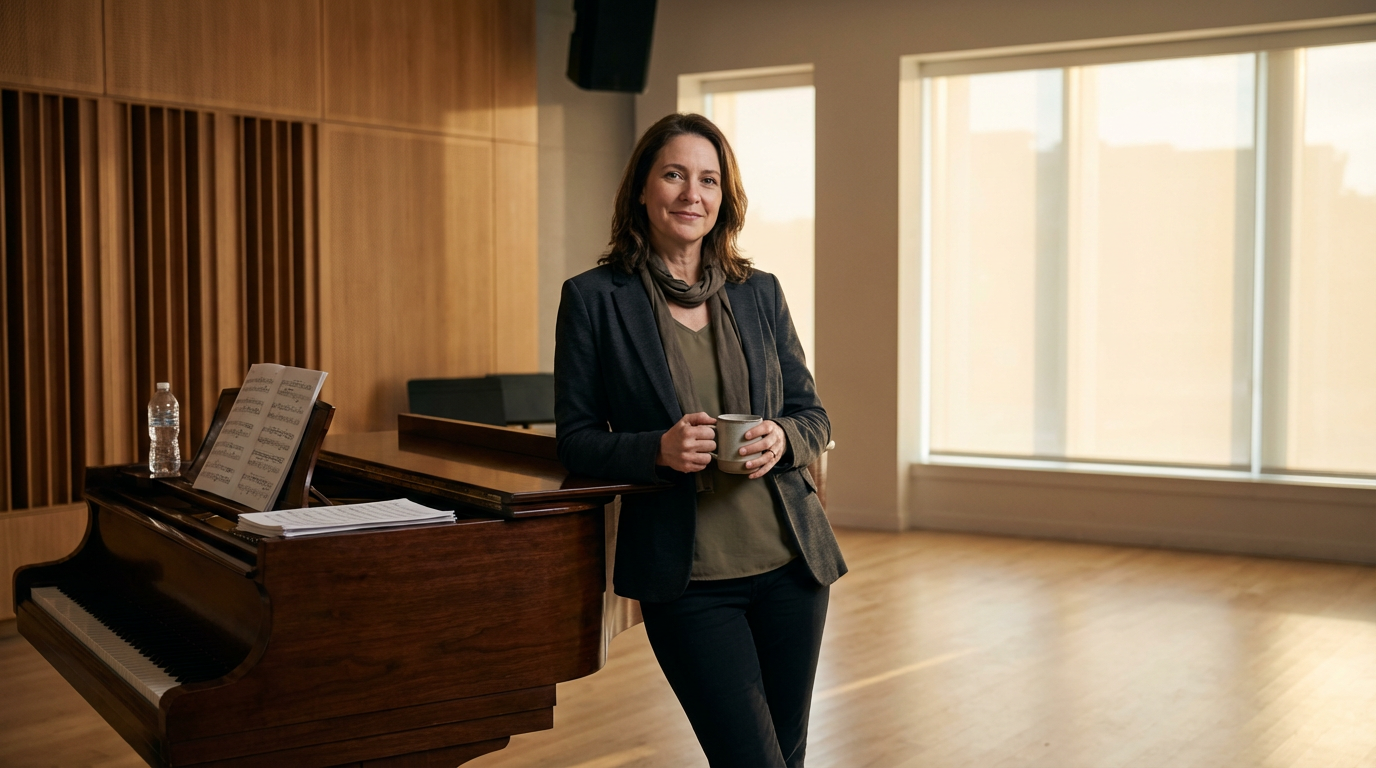 A woman standing beside a grand piano in a well-lit room, holding a mug and smiling at the camera.