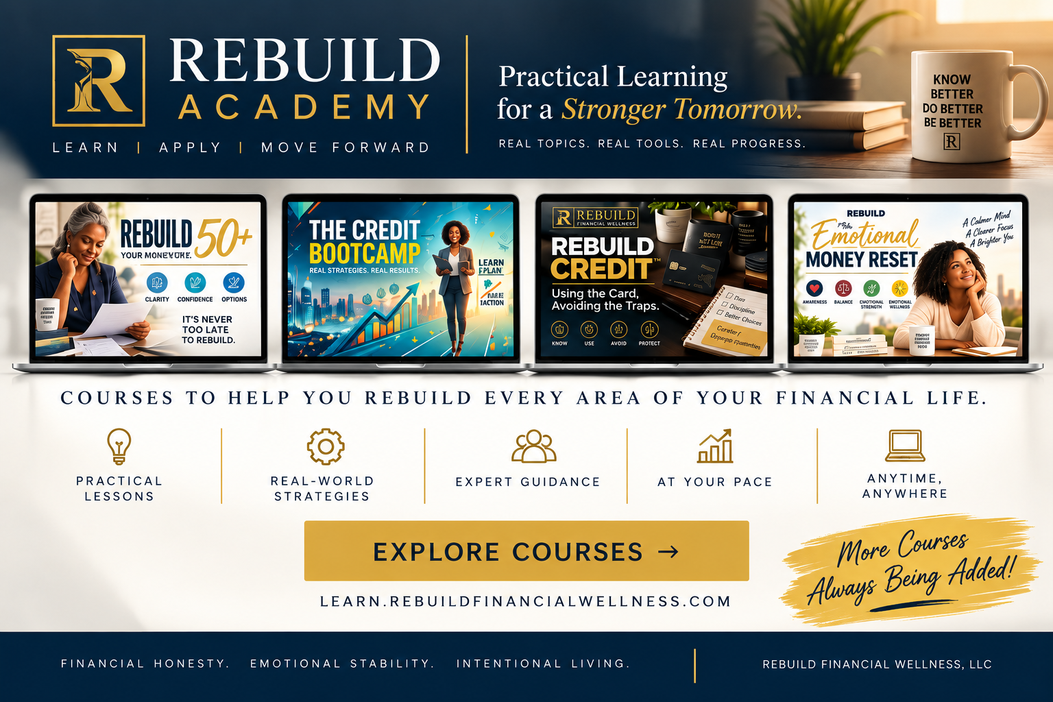 REBUILD Academy courses including REBUILD 50+, The Credit Bootcamp, REBUILD Credit, and The Emotional Money Reset. More courses are always being added.
