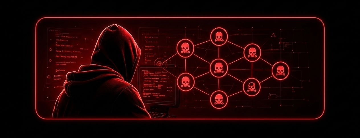 A hooded figure sitting at a computer with a red digital interface displaying skull icons connected by lines, representing a hacking or cyber attack scene.