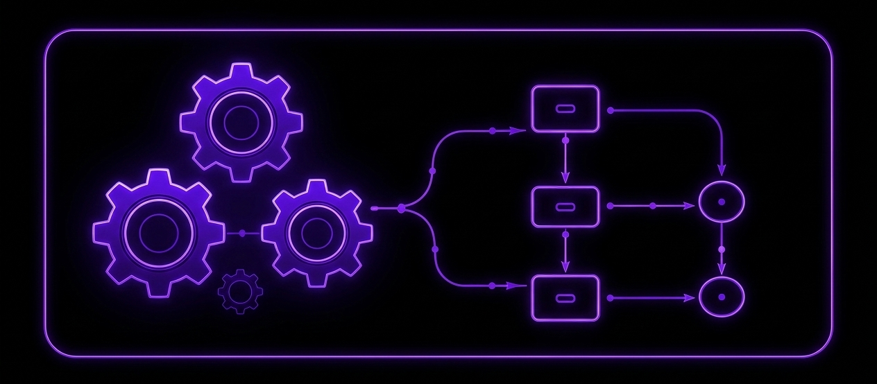 Neon depiction of gears and flowchart representing a process or system on a black background.