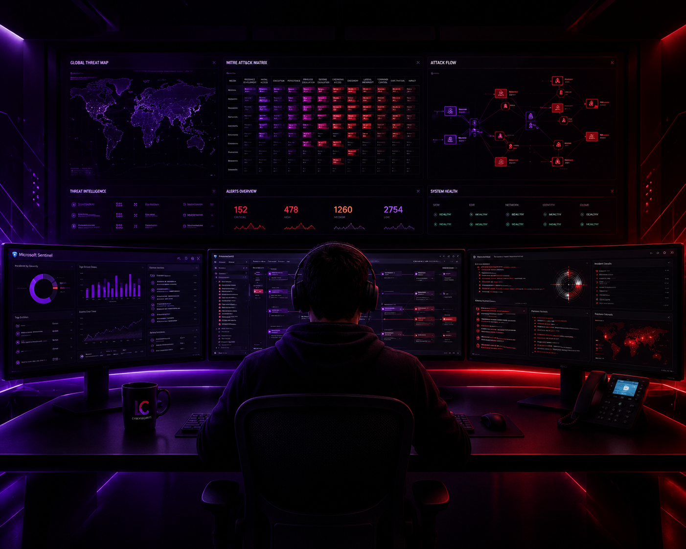 A person sitting in front of multiple computer monitors displaying cybersecurity data, threat maps, attack flows, and alerts, with a dark room with red and purple lighting.