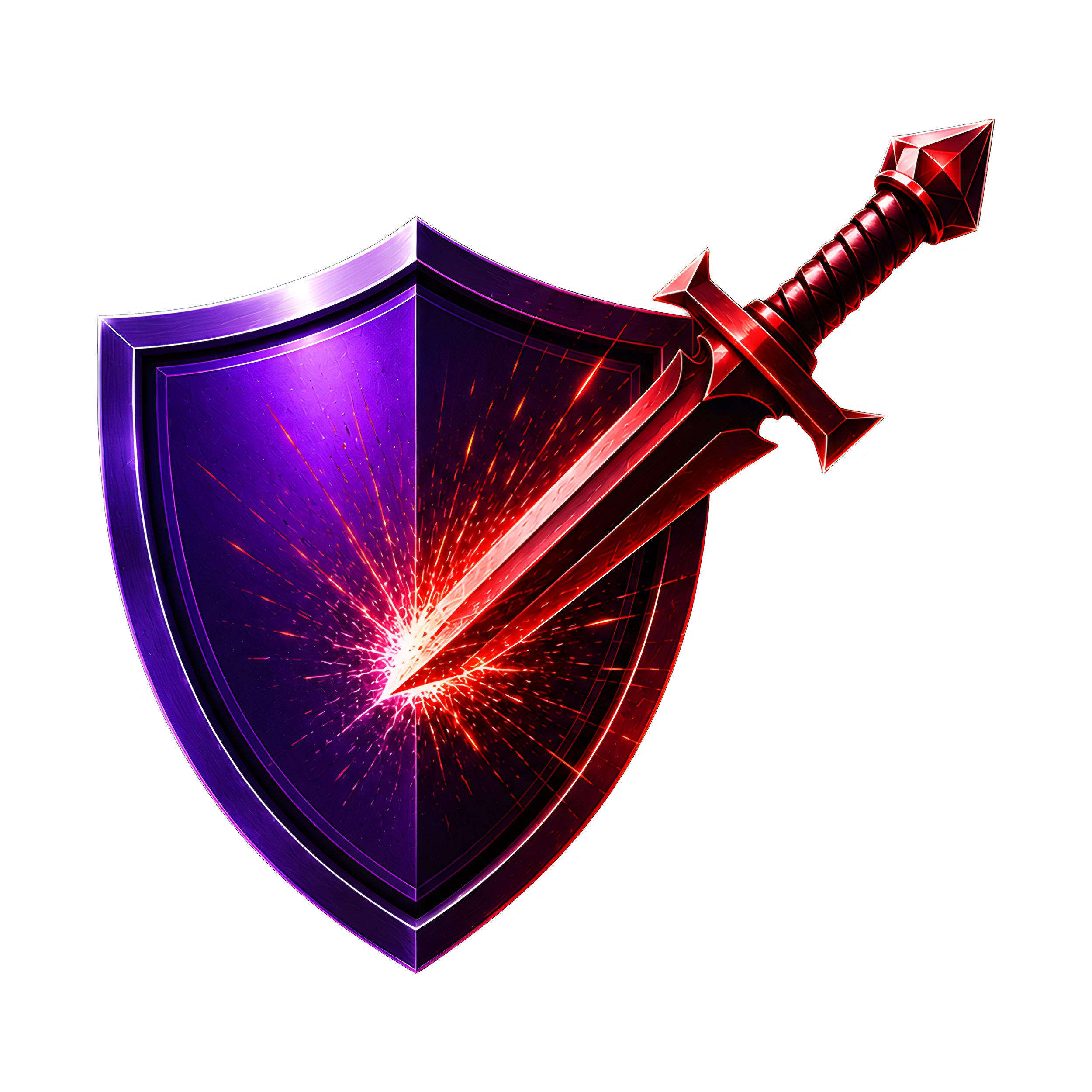A futuristic, stylized shield and sword glowing with purple and red neon lights.