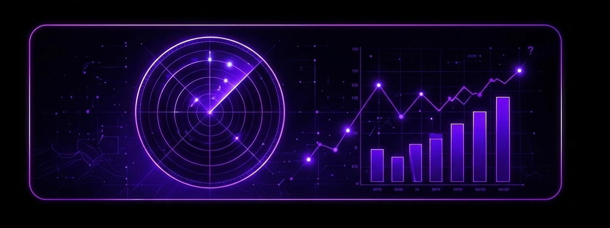 Futuristic digital dashboard displaying data analytics with a purple radar, line graph, and bar chart on a black background.