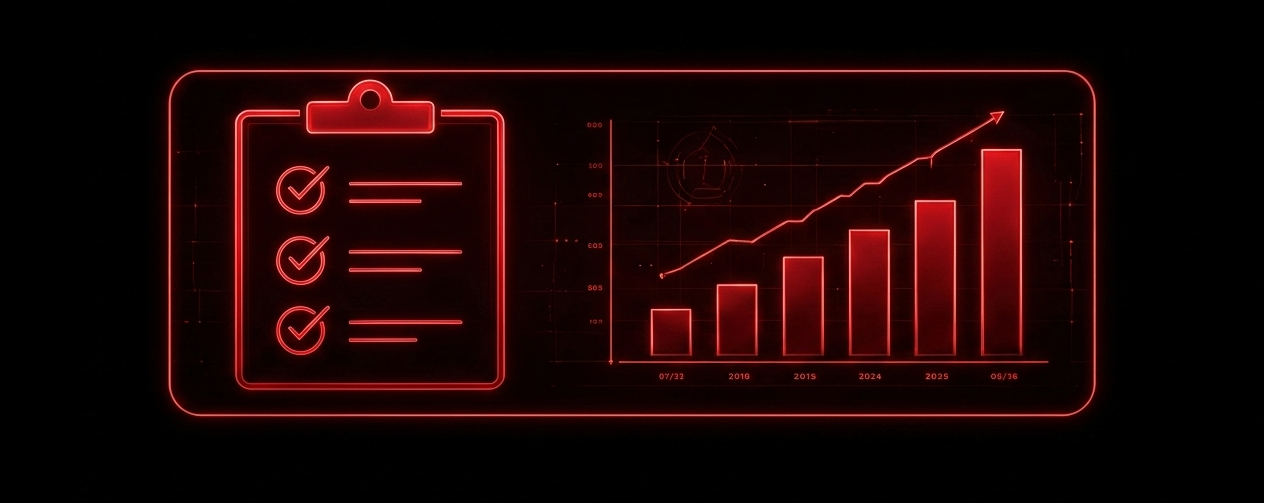 Neon red line art of a clipboard with checklist and a rising bar chart with an upward arrow, representing growth or progress.