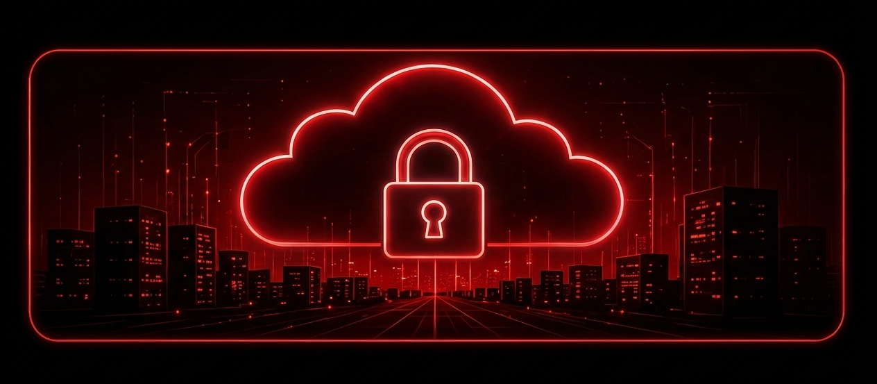Neon red cloud with a padlock icon over a cityscape, representing cloud security.