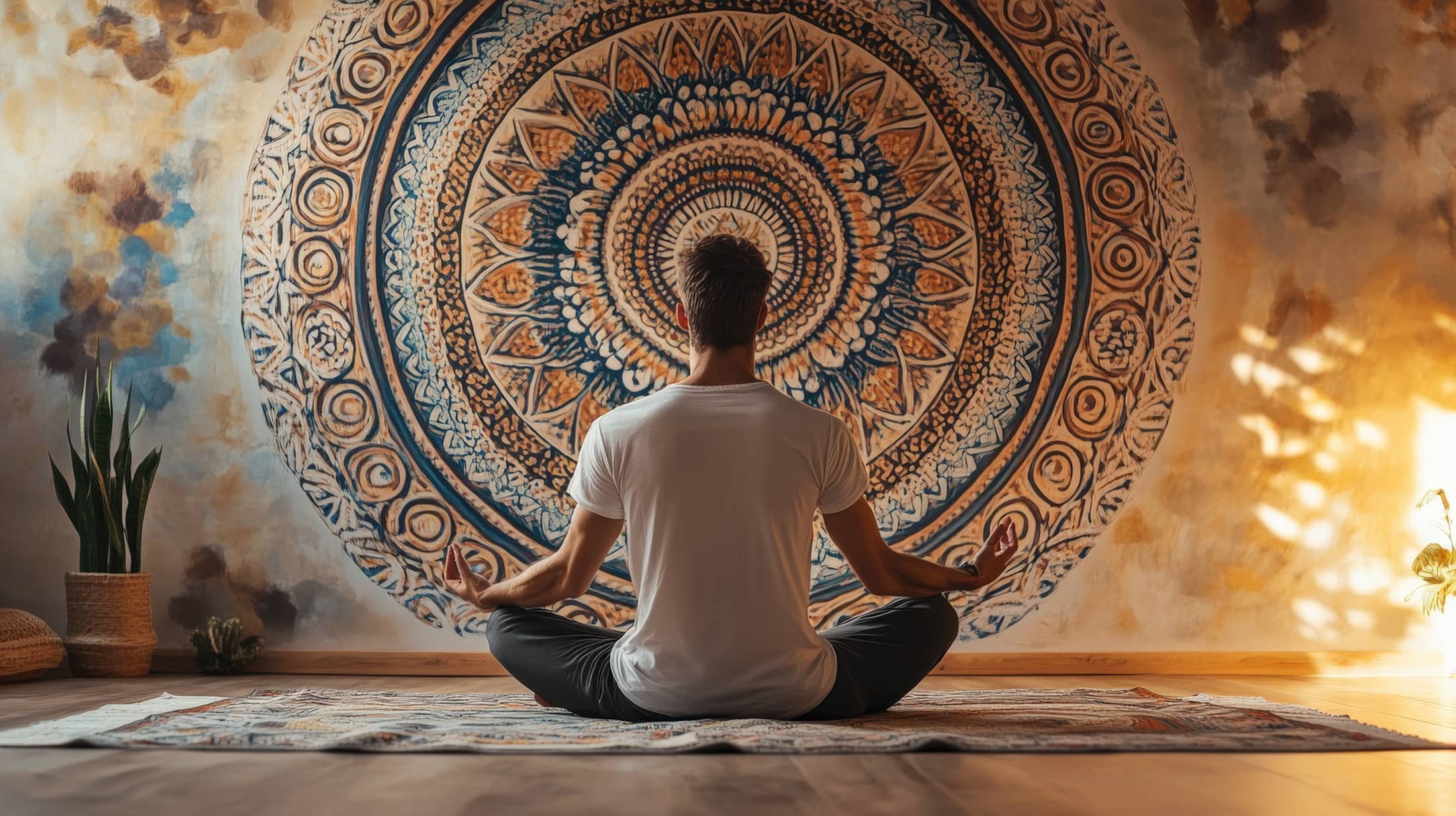Person practicing yoga in a seated meditation pose in front of a large, intricate, circular mandala wall hanging.