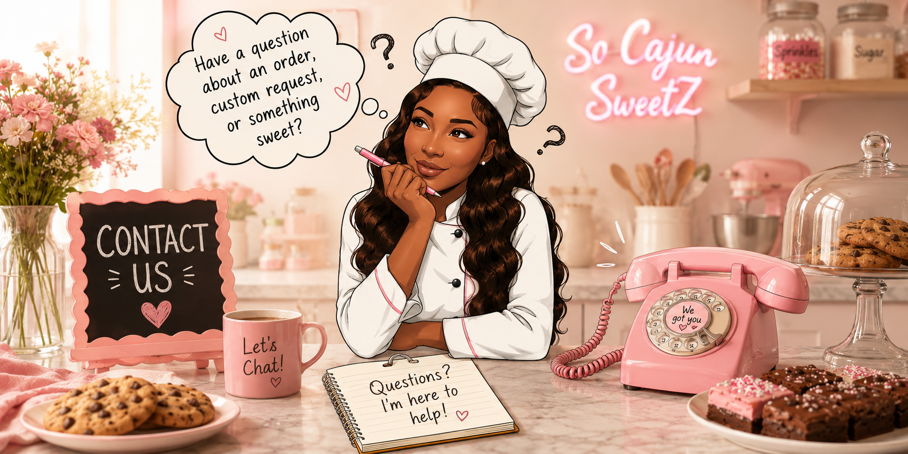 A hostess in a bakery or cafe, dressed as a chef with a white uniform and chef's hat, sitting at a pink countertop with baked goods and pink accessories. She has long curly brown hair and is holding a pink pen, with a thought bubble that says 'Have a question about an order, custom request, or something sweet?'. The background includes flowers, a pink rotary phone with 'We got you' on the dial, a chalkboard sign that says 'Contact Us,' a pink mug that says 'Let's Chat!', and a notebook reading 'Questions? I'm here to help!'. There are jars labeled 'Sprinkles' and 'Sugar,' chocolates, and cookies on display.