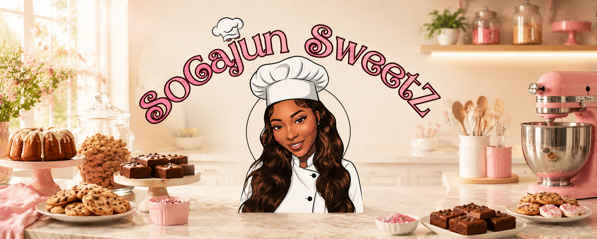 Interior of a bakery with a pink and white theme, featuring decorated cookies, brownies, and cakes on white display stands, a pink stand mixer, jars with wooden utensils, flowers, and a sign with a cartoon woman in a chef's hat and the text "Sogajun Sweetz".