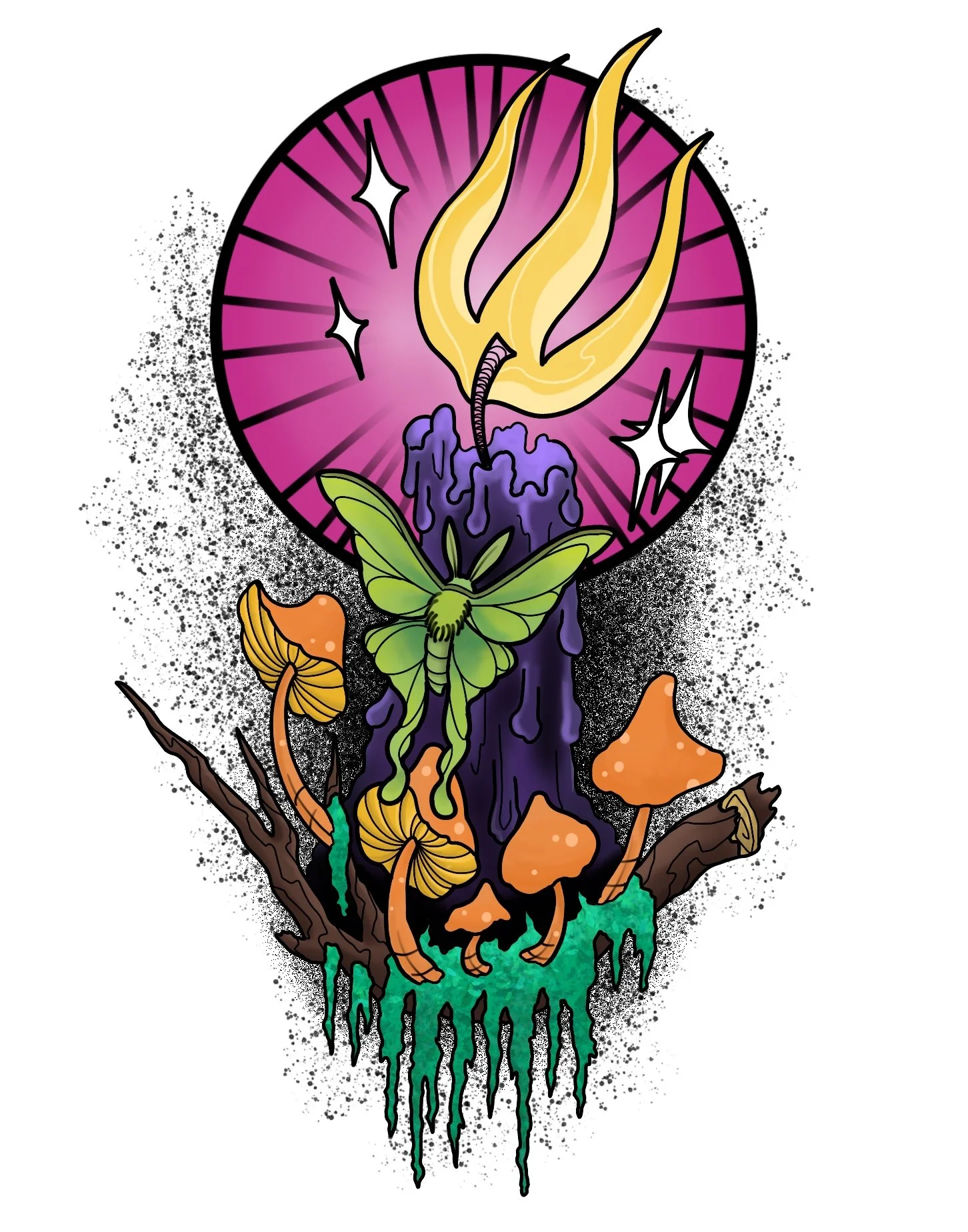 A colorful tattoo-style artwork featuring a pink and purple background with sparkling highlights, a yellow flame, green moth, orange mushrooms, and a burnt branch, all dripping in green and purple ink.