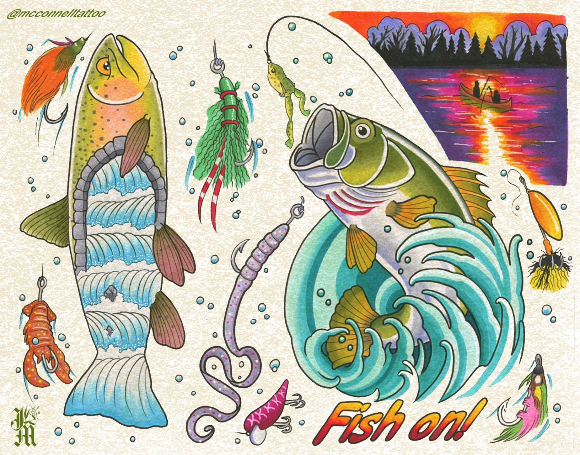 Colorful illustration of various fish and fishing lures, with a background scene of two people in a boat fishing at sunset on a lake and trees on the horizon.