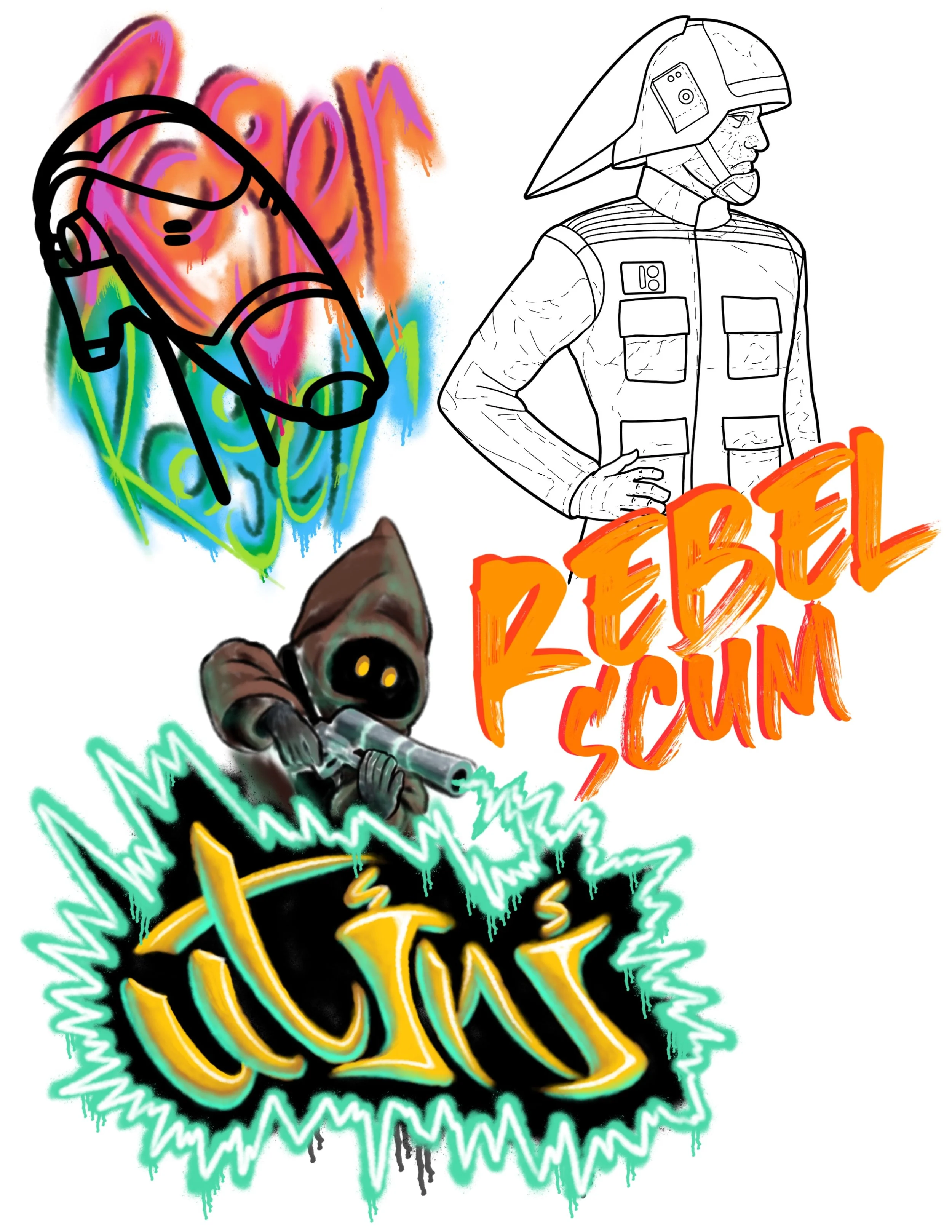 Graffiti-style artwork with a line drawing of a person wearing a helmet and jacket on the right, a stylized alien figure holding a weapon on the bottom left, and colorful, bold text and designs, including the words 'Rebel' and 'Room' in orange.