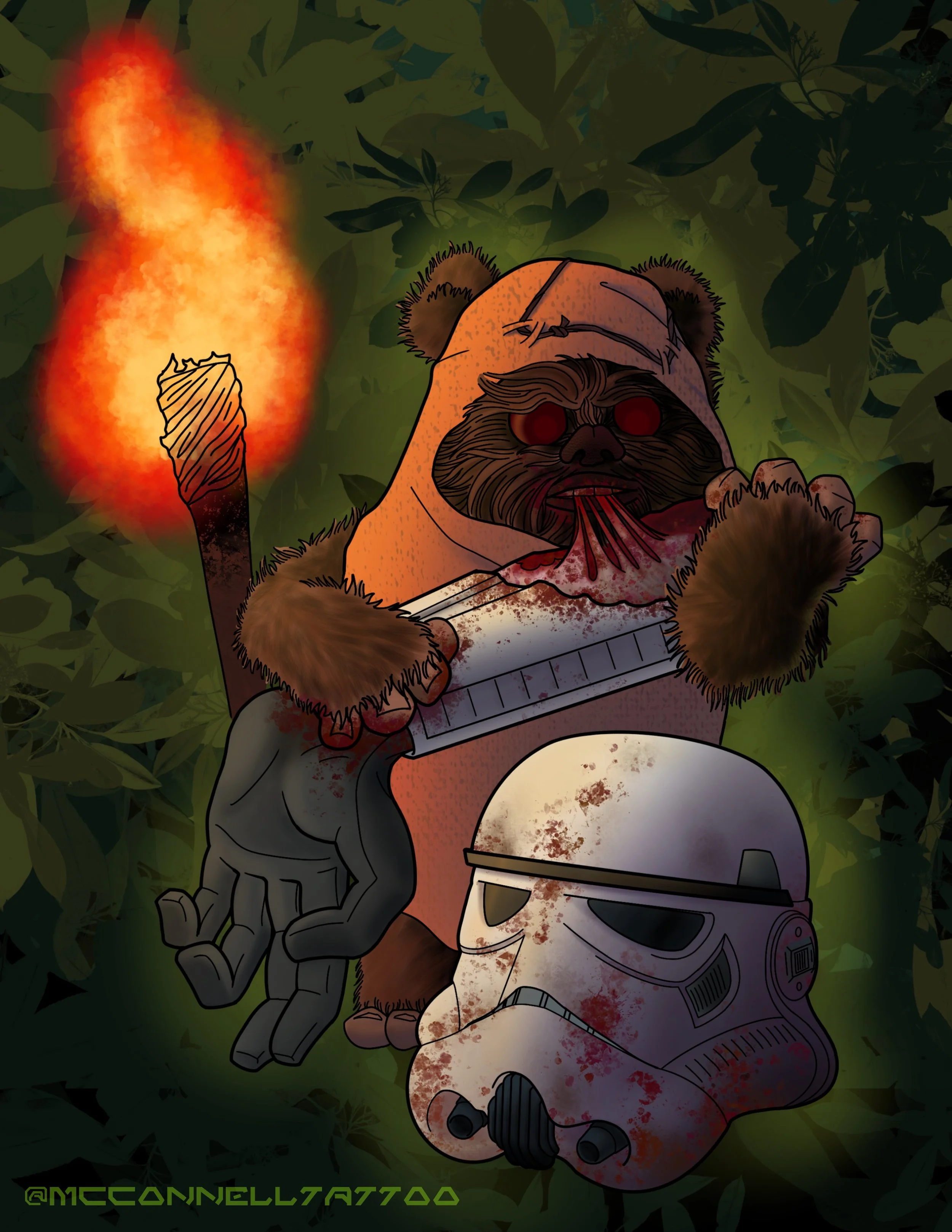Drawing of a bear wearing stormtrooper armor from Star Wars, lying in the grass, with a lit torch in the background.