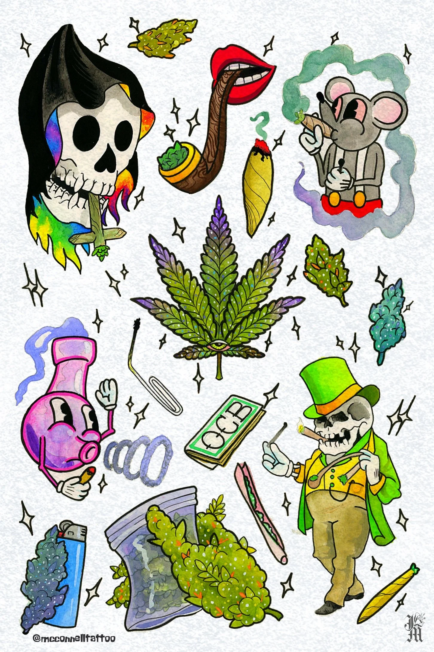 Various colorful cartoon-style illustrations including a skull smoking a joint, a marijuana leaf plant, a mouse smoking a joint, a pink bong, a skeleton wearing a green hat and smoking a joint, a rolling paper pack labeled "OCB," and other cannabis-t