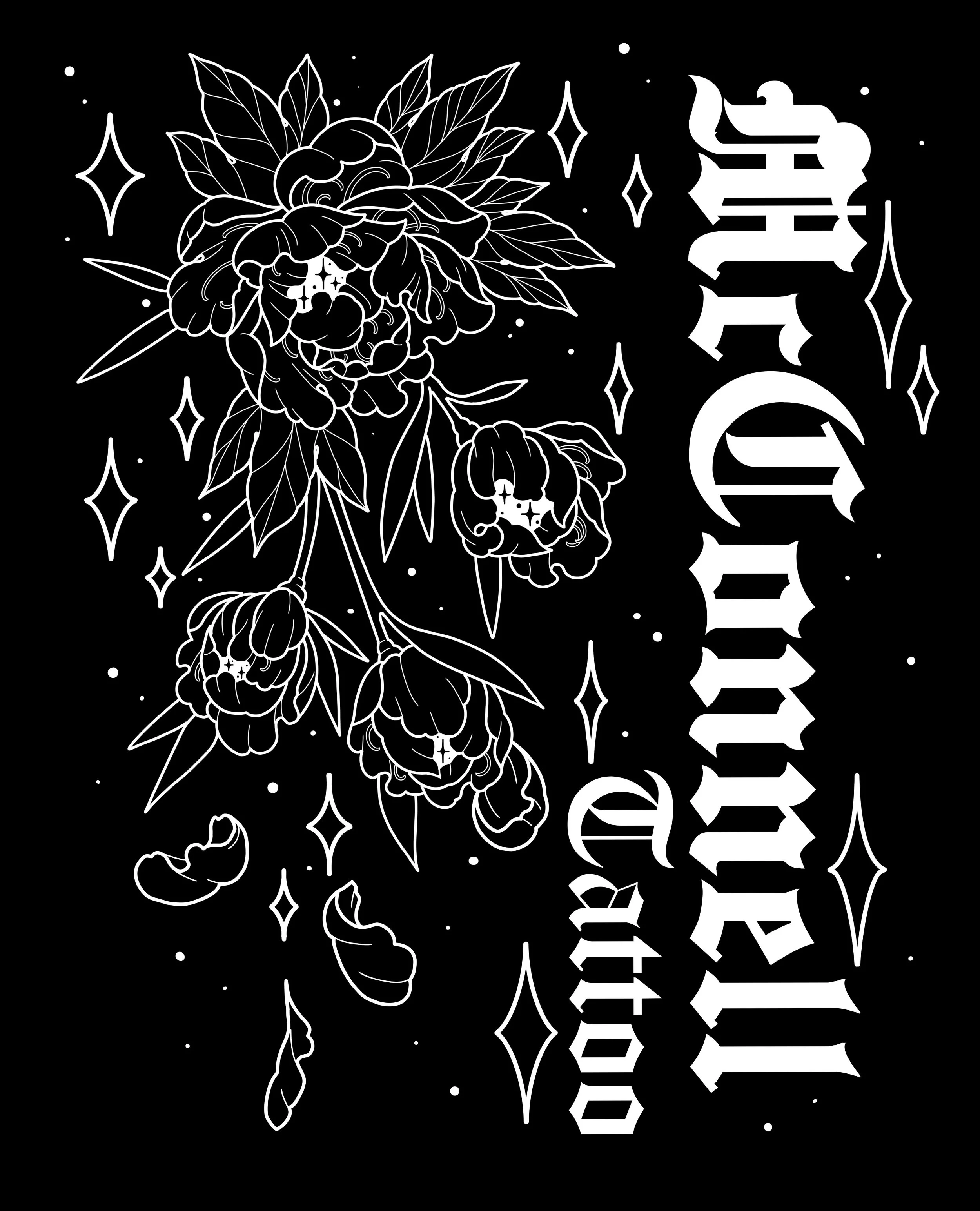 Black and white illustration featuring detailed peony flowers, leaves, stars, crescent moons, and the words 'HARD TO LOVE' in Gothic font.