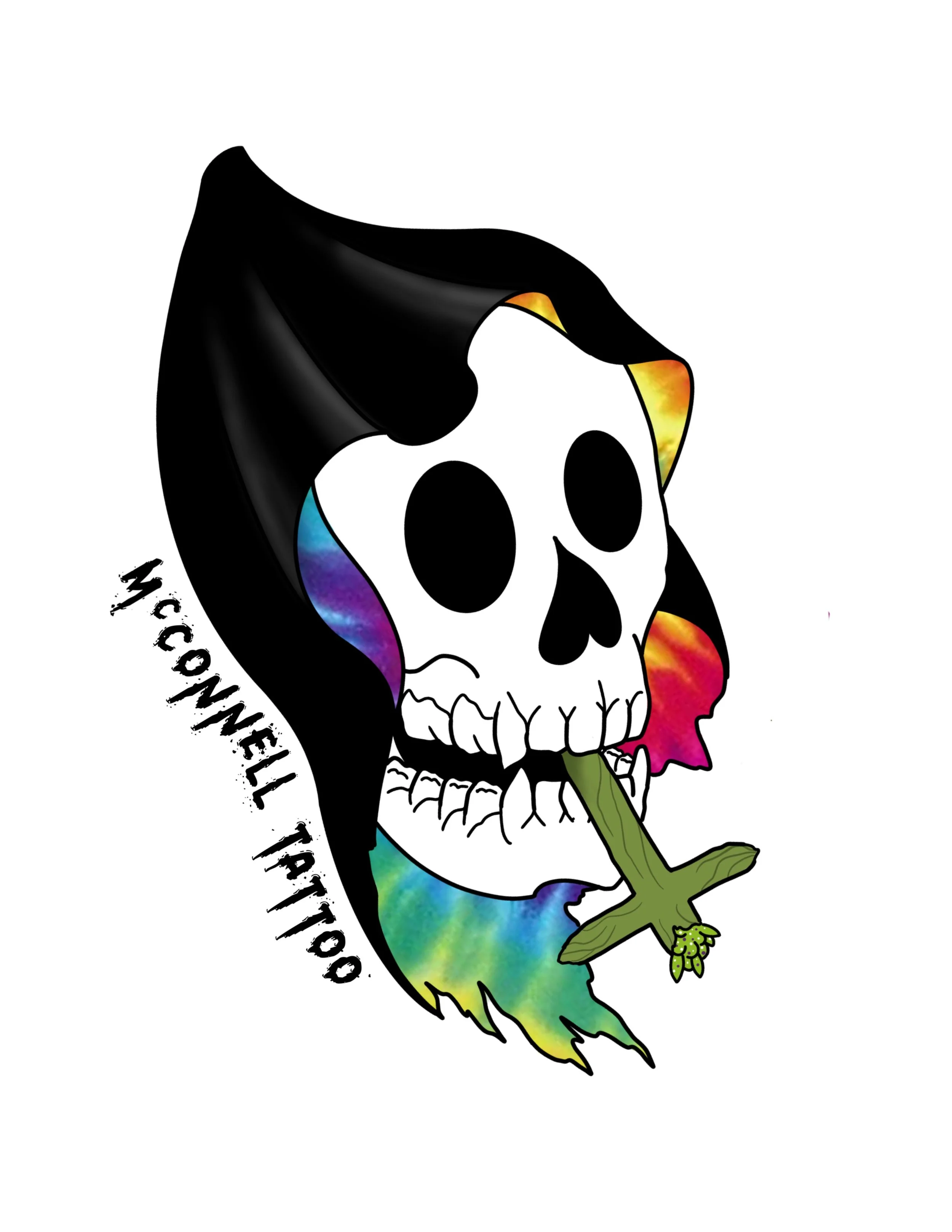 A colorful skull with rainbow patterns holding a pink rose, with black text around it reads 'Mookie I Trapped in the Body of a Ghost'.