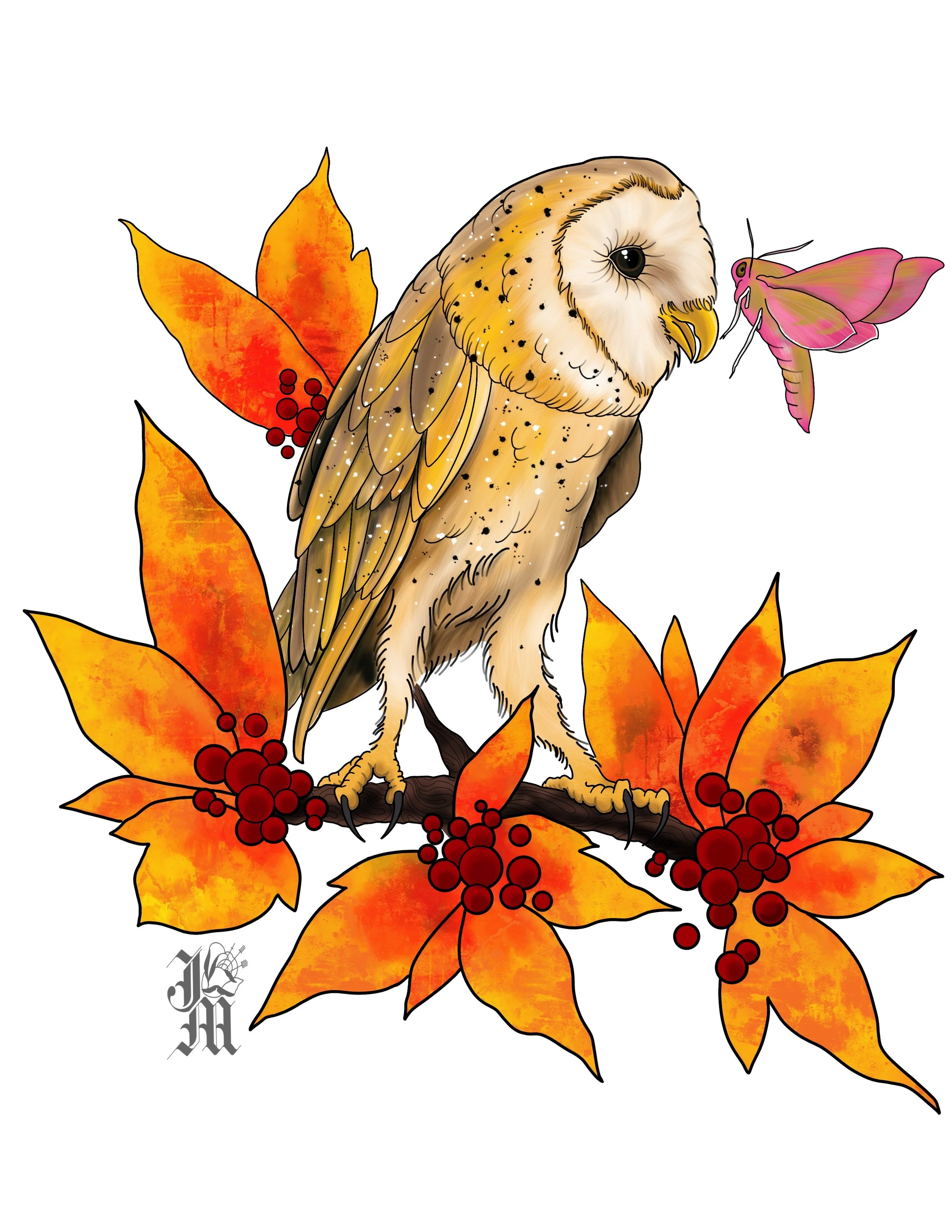 An illustrated owl perched on a dark branch surrounded by orange fall leaves with red berries, with a pink moth facing the owl.