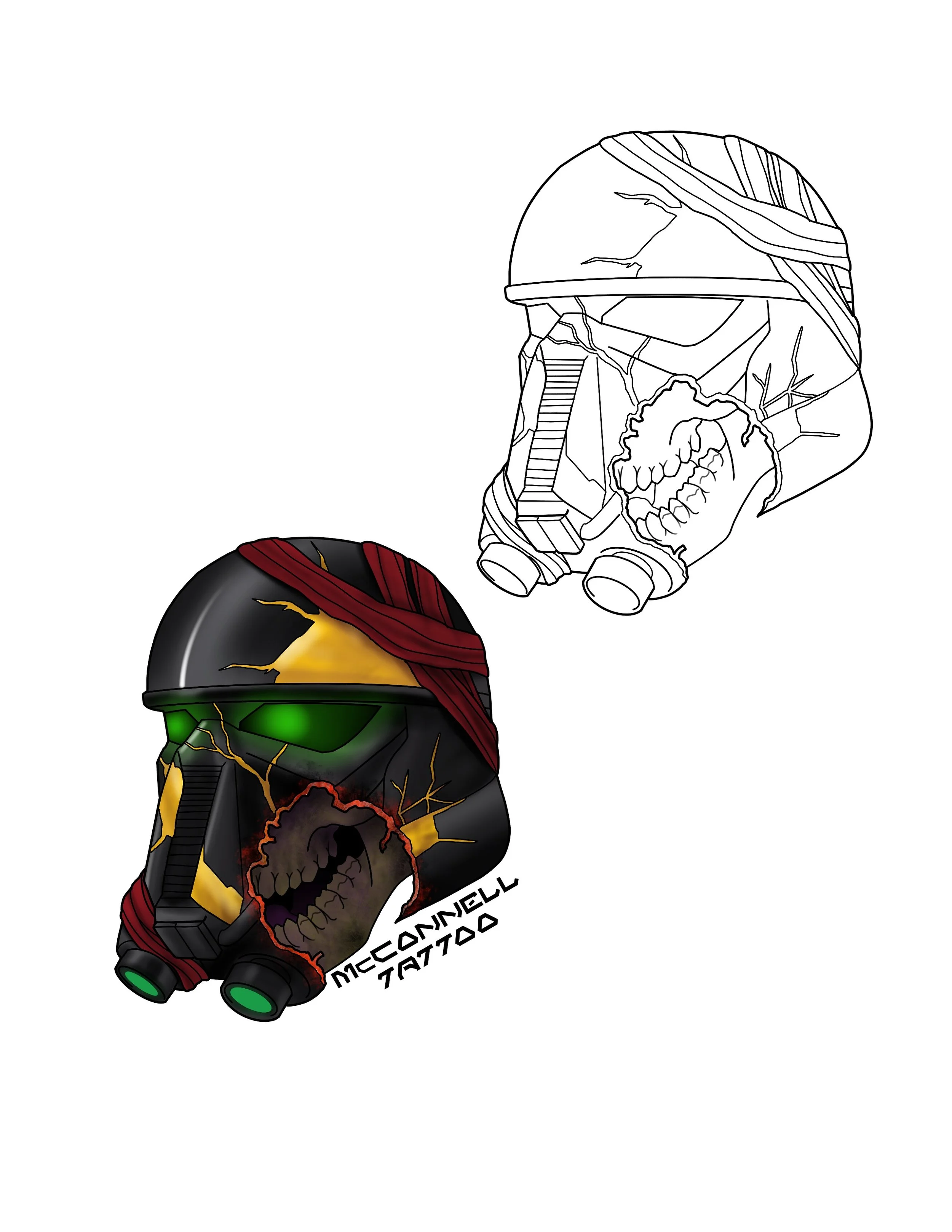 Colorful skull illustration with glowing green eyes and red scarf overlay, featuring lightning bolt details and the text "Daniel McConnell Tattoo".