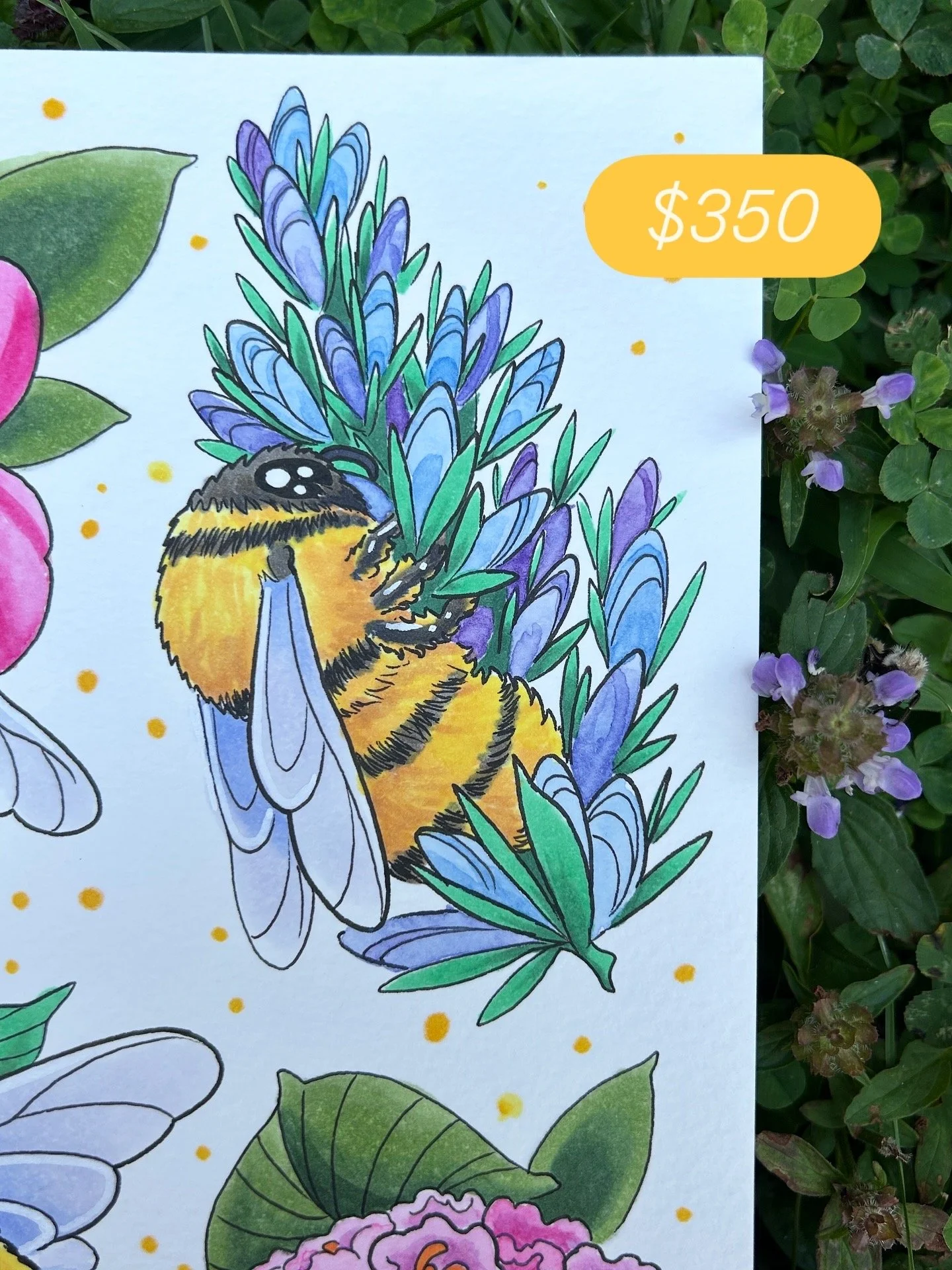 Illustration of a bee with a yellow and black body on purple flowers, surrounded by green leaves and blue flowers, with a yellow price tag of $350.