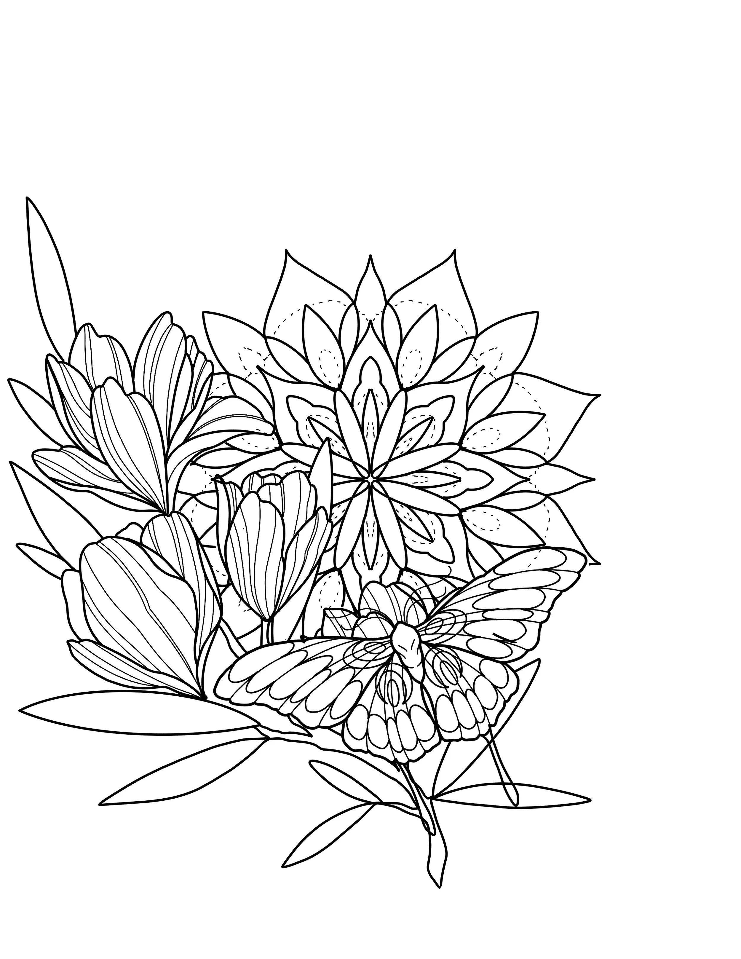 Black and white line drawing of a bouquet of flowers with detailed petals and leaves.