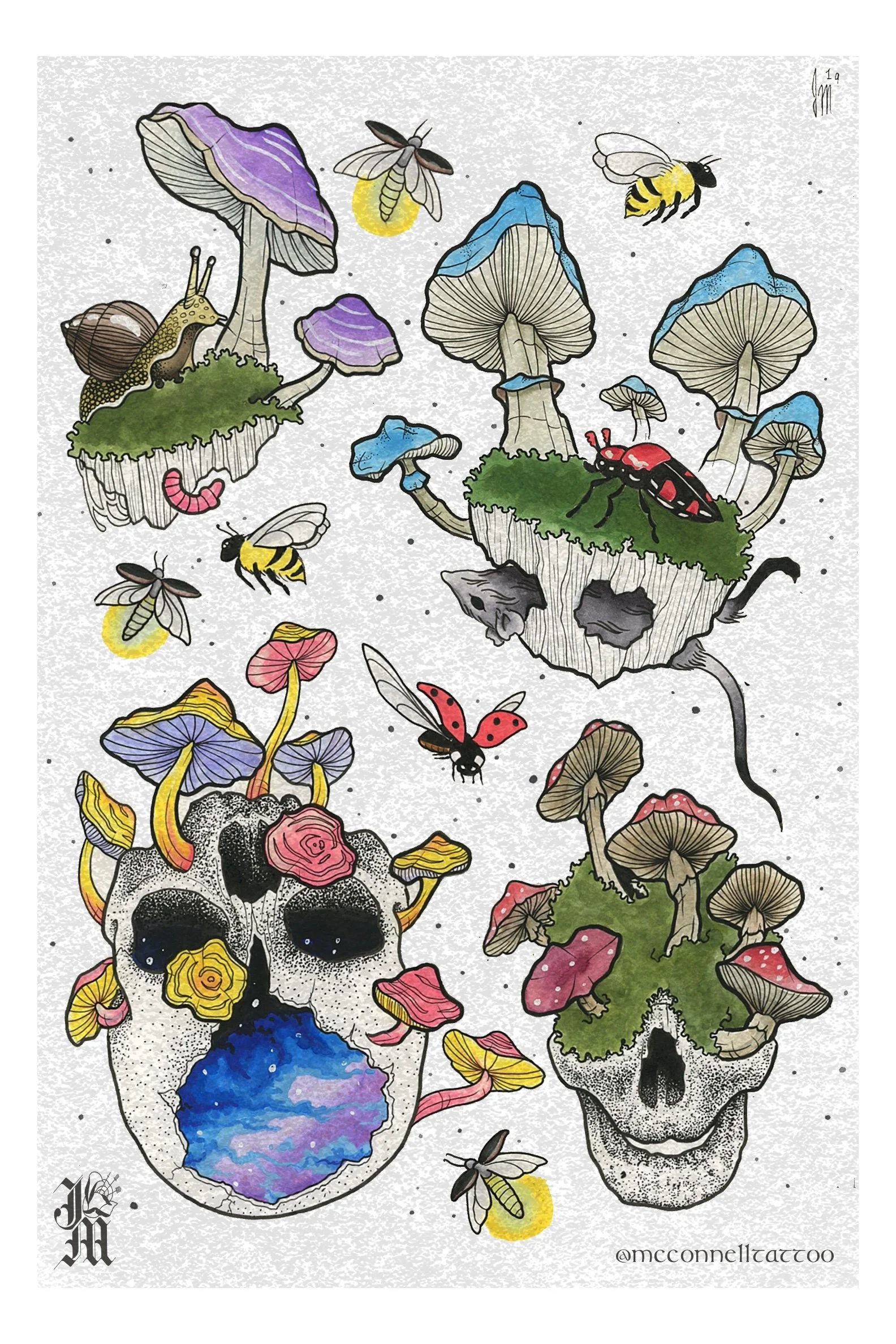 Illustration of two detailed skulls, one with colorful floral and mushroom decorations, the other with blue mushrooms and greenery, surrounded by bees, flies, and a worm, in an artistic style.