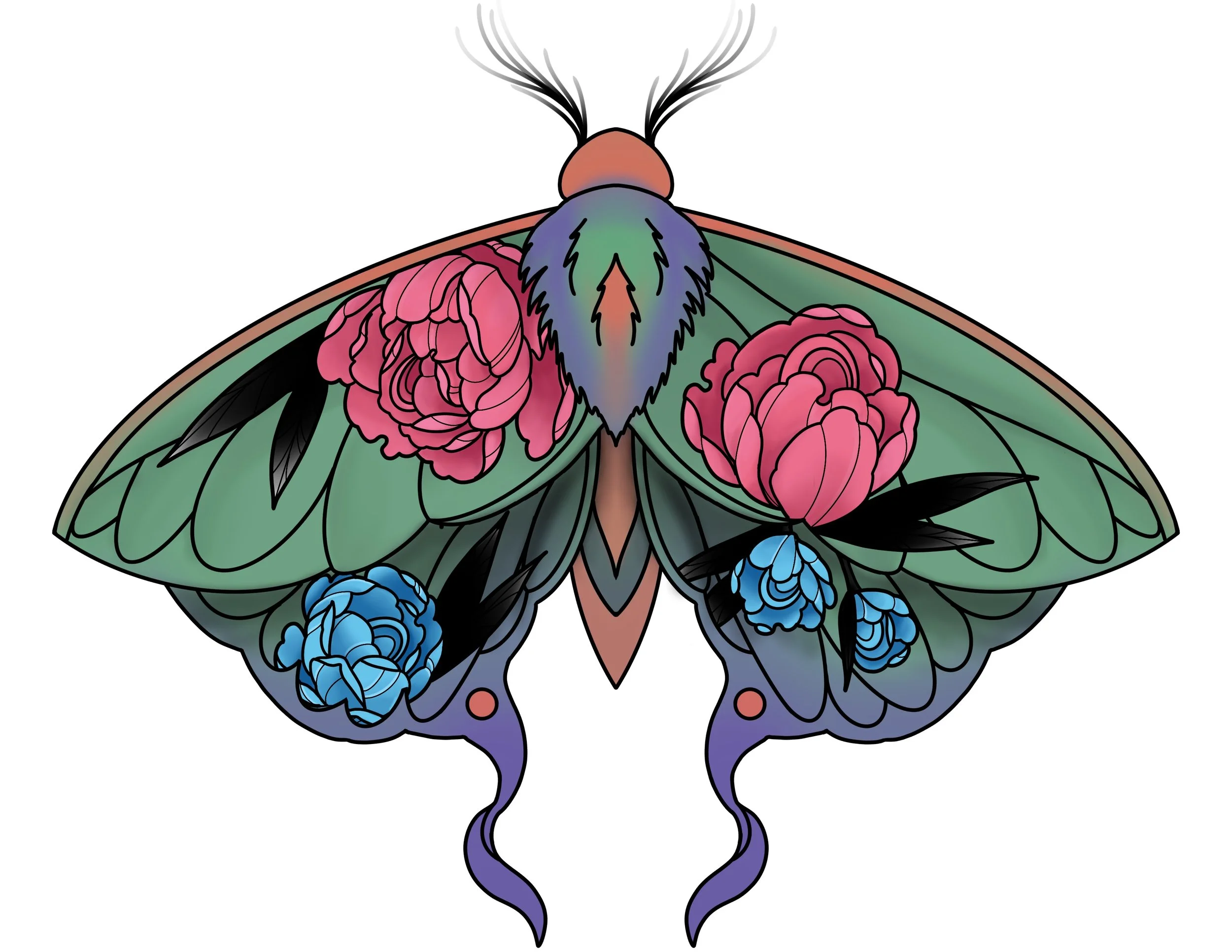 A detailed, colorful illustration of a butterfly with pink, green, blue, and purple hues, featuring flowers on its wings.