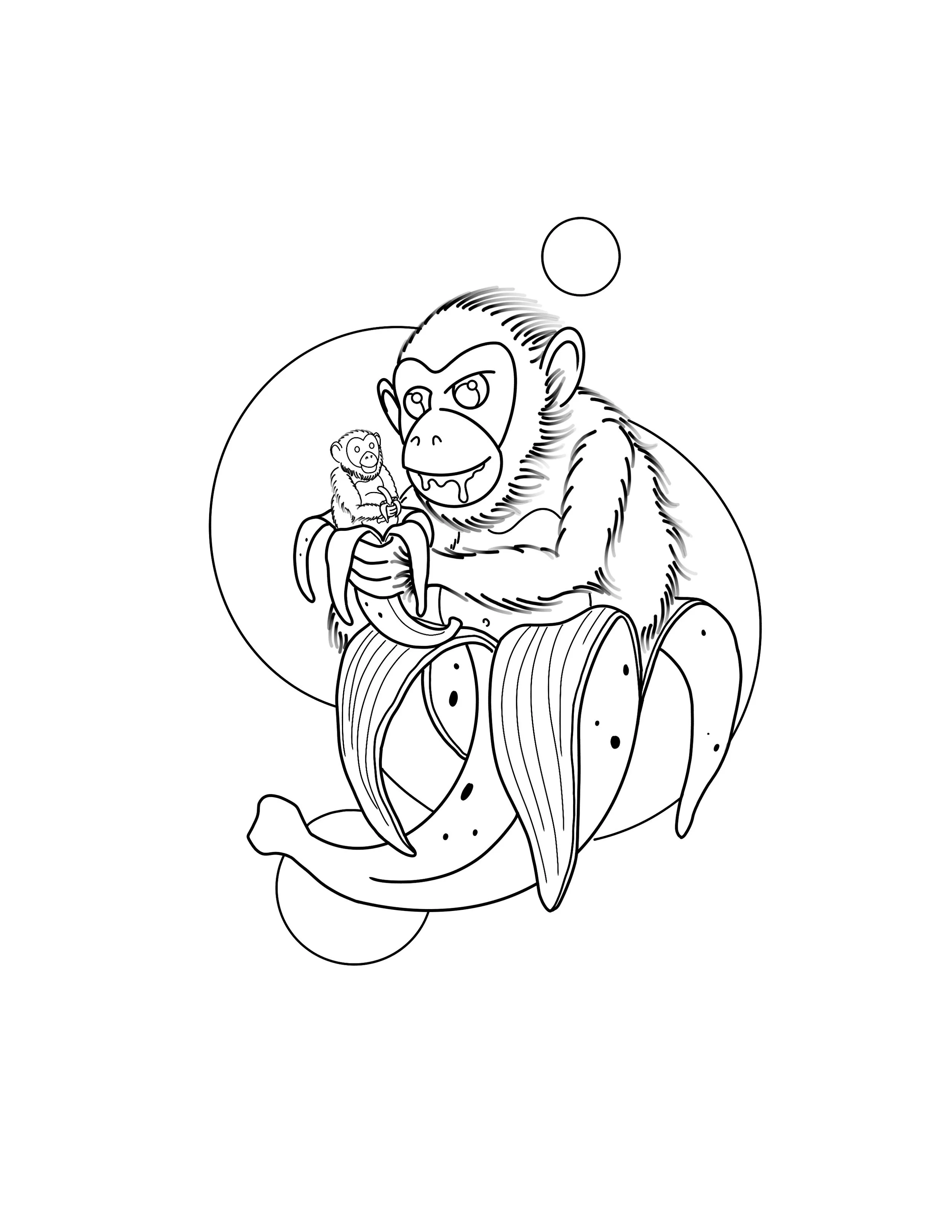 Line drawing of a large gorilla holding a smaller monkey, sitting on a large pumpkin with lines for texture, and a circle representing the moon in the background.