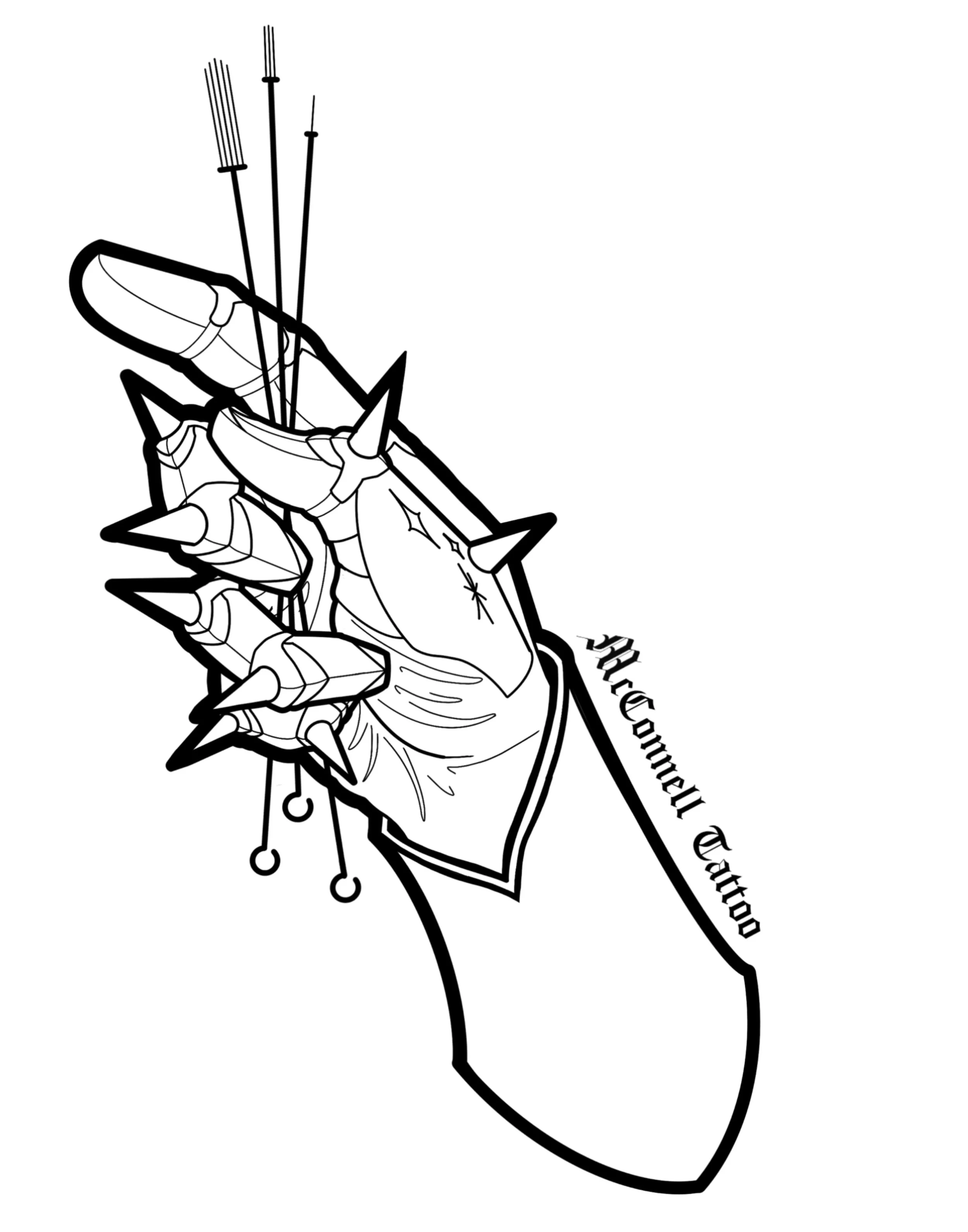 Black and white outline drawing of a dagger with a banner wrapped around it, reading 'Hogwarts Express', and a spider web near the handle.