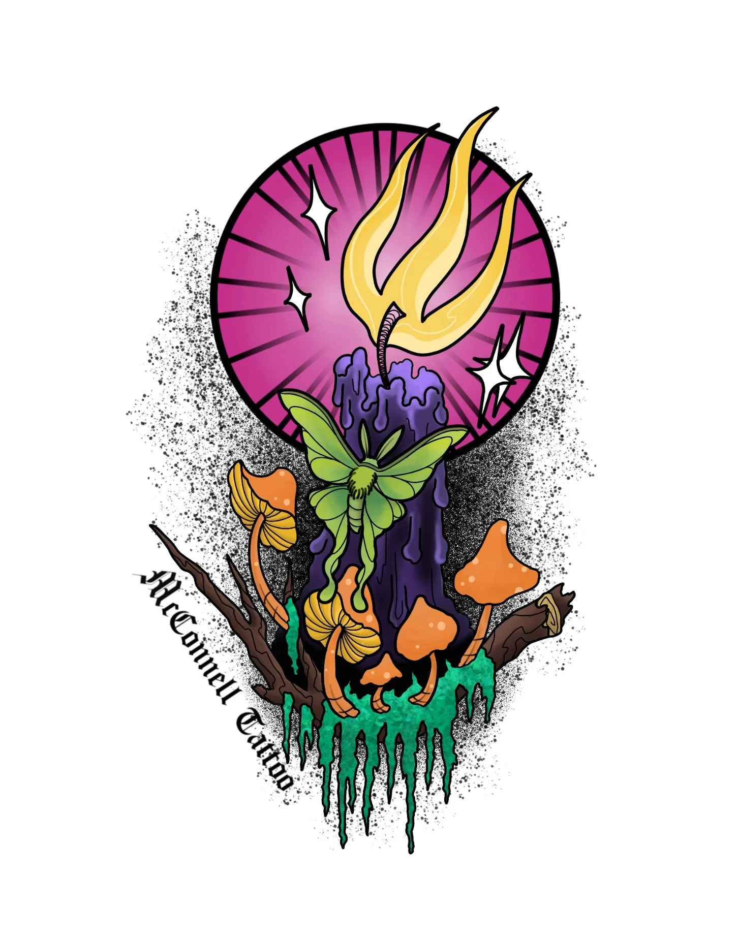 A colorful tattoo design featuring a purple candle with melting wax, surrounded by green and orange mushrooms, leaves, and a yellow butterfly, with a pink circular background and black spray paint effects.