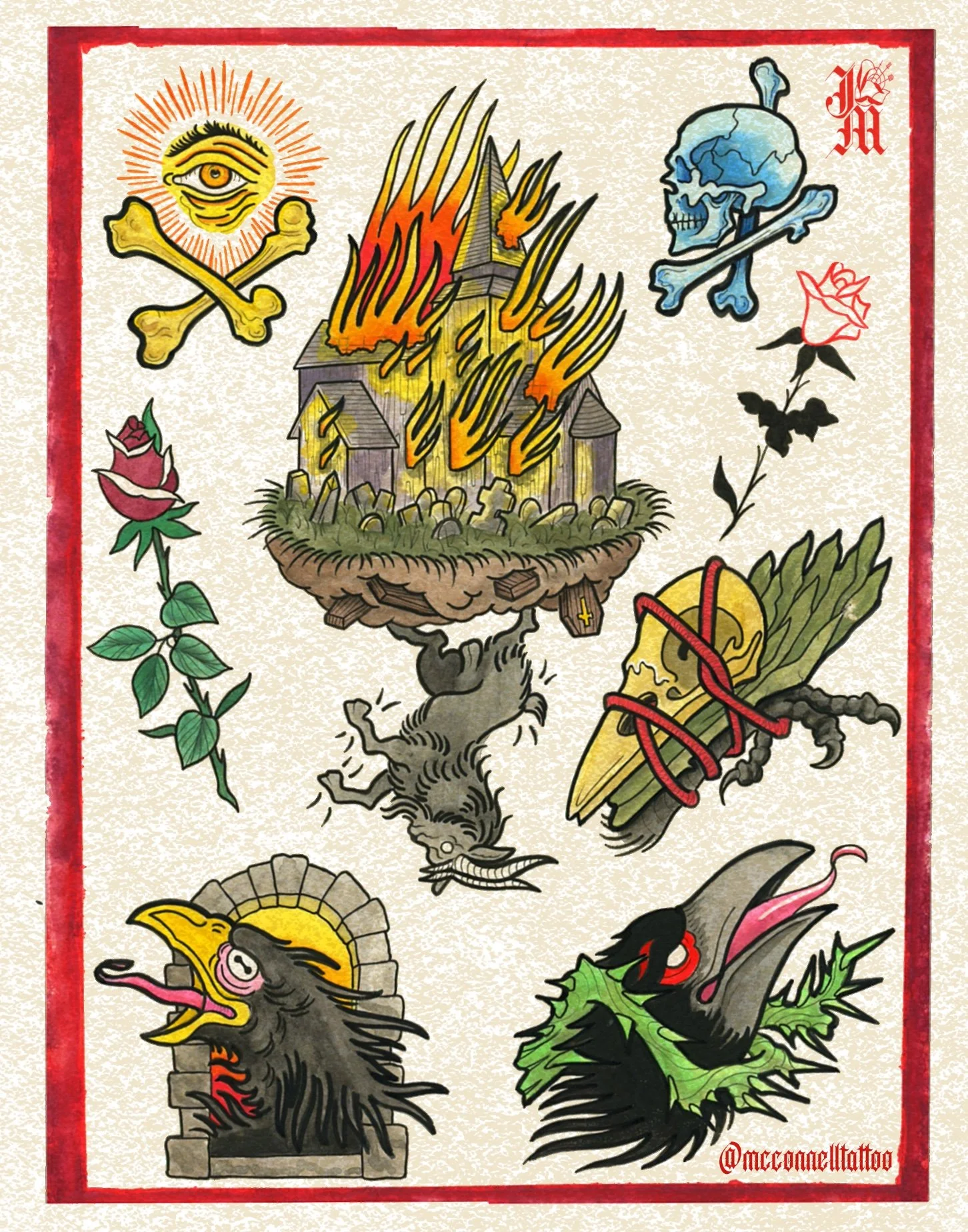 Traditional tattoo sheet featuring a burning church in the center, surrounded by skulls, roses, and a lion's head, with the username '@accoaelltattoo' in red text.