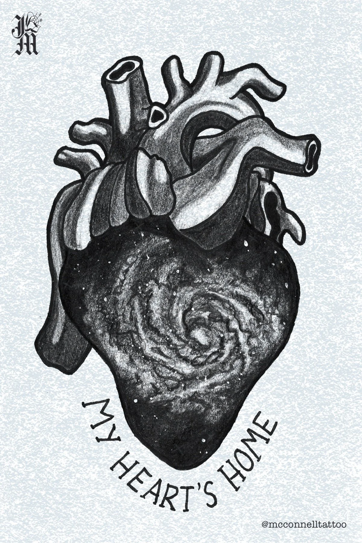 Black and white artistic illustration of a human heart with galaxy-like swirl patterns inside the lower part of the heart. The top left corner has a small artist's signature, and the bottom has text that reads "My Heart's Home" with a Twitter handle 