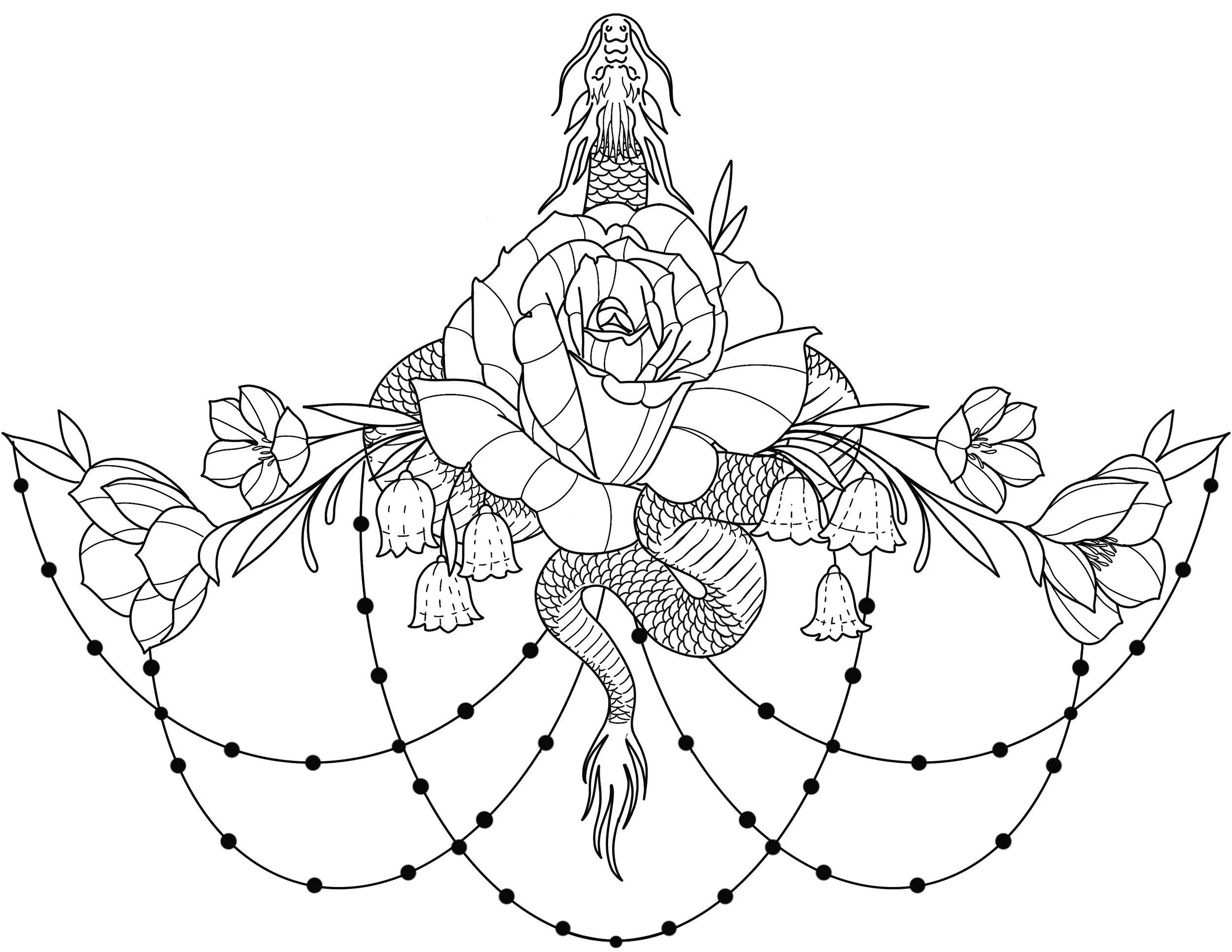 A line drawing of a snake coiled around a large rose flower with leaves, surrounded by a circular pattern with small dots at intervals.