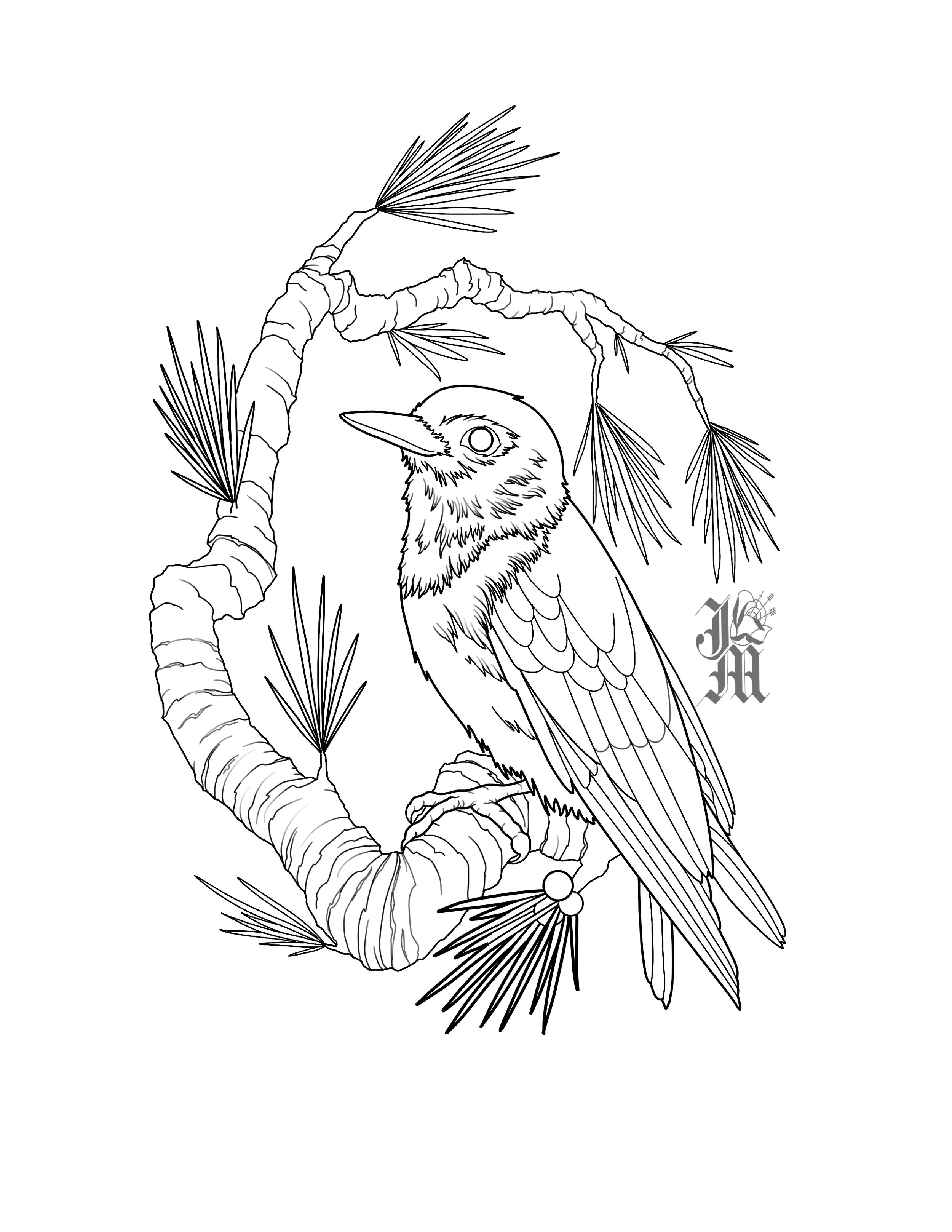 Black and white line drawing of a woodpecker perched on a curved pine tree branch with pine needles, with a monogram in the bottom right corner.