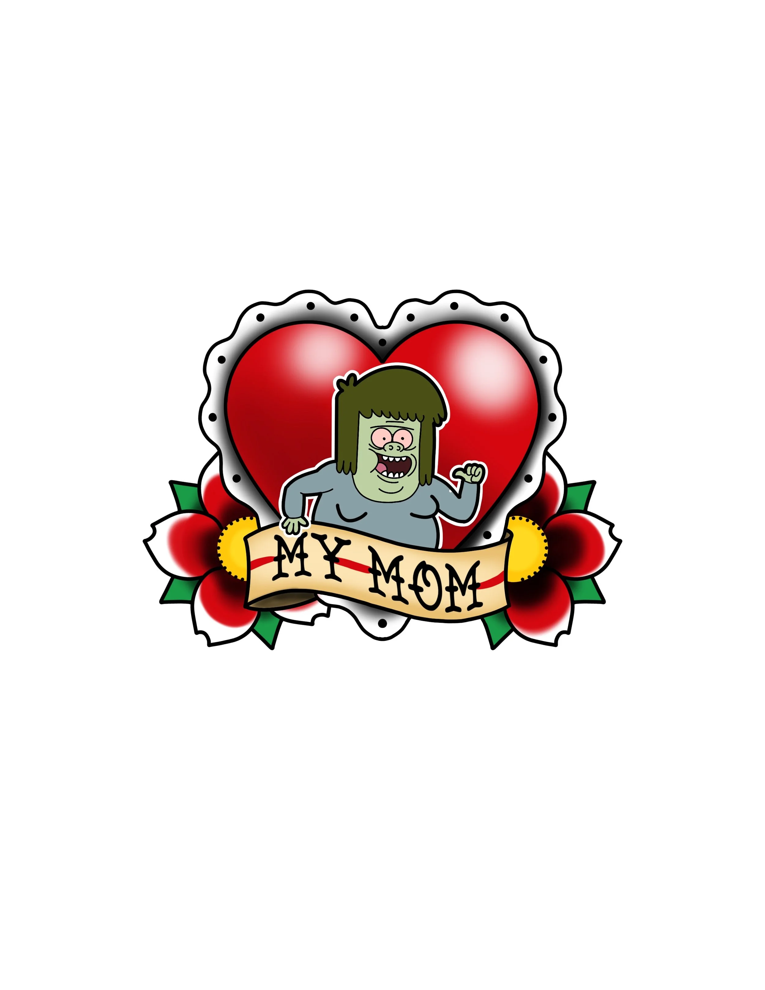 A tattoo design featuring a cartoonish character with pale green skin, long dark hair, and a mischievous expression, holding a sign that says "MY MOM" with a red thread strung through the words, surrounded by a heart-shaped border and colorful flower