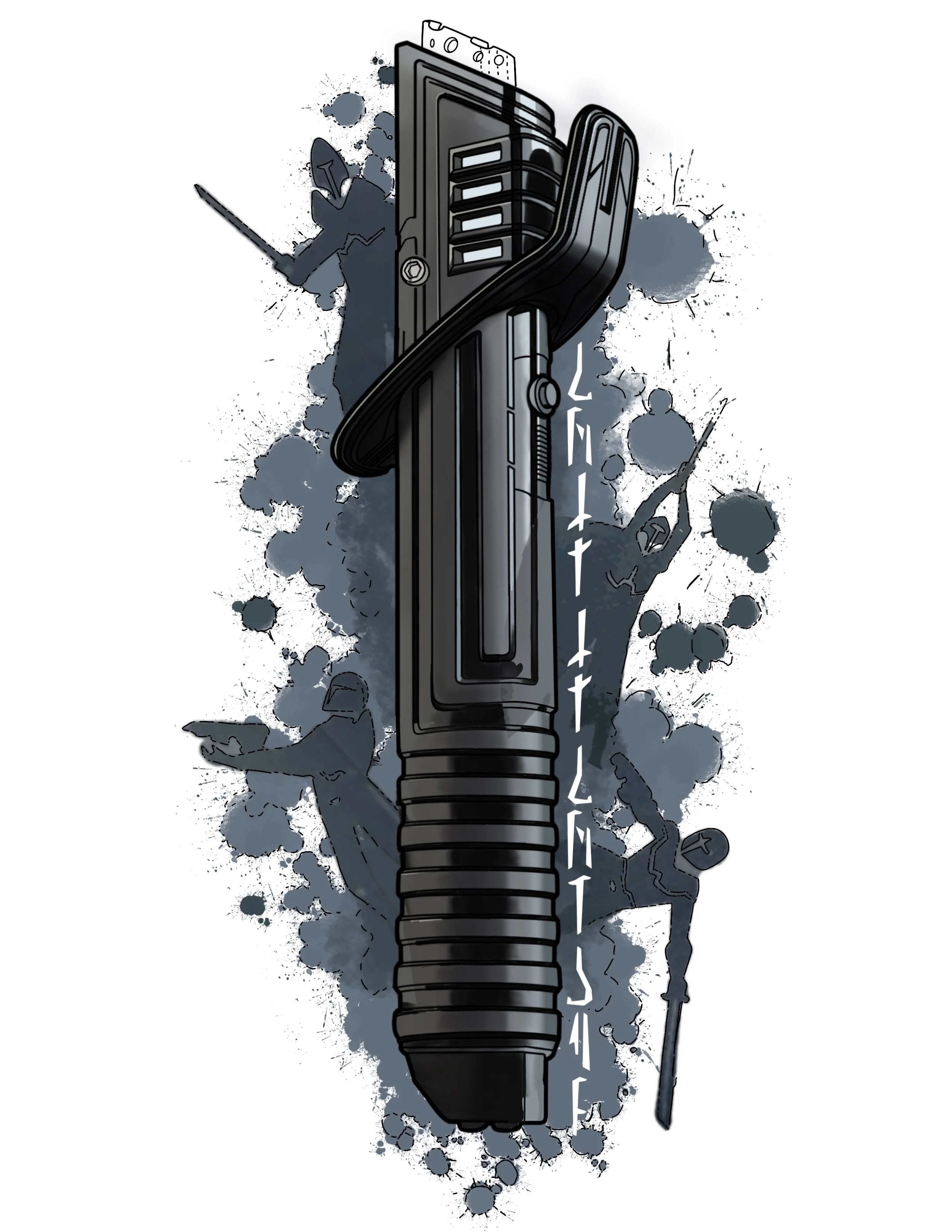Illustration of a black car steering wheel with a gear shift in the background, surrounded by gray paint splatters and abstract figures holding tools or weapons.