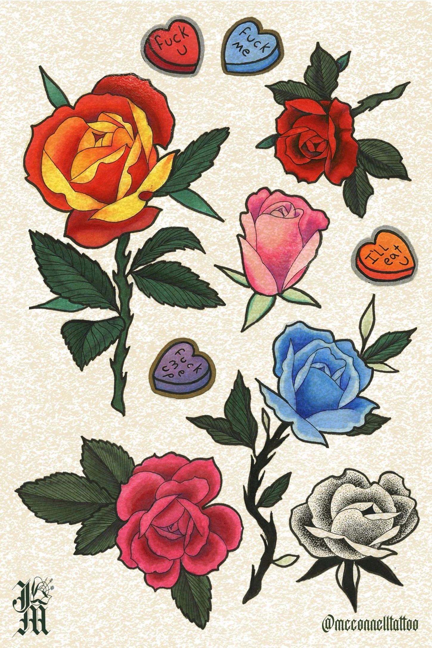 Colorful tattoo-style illustration of roses in red, pink, blue, and black and white, with accompanying graffiti-style text and symbols including hearts with messages and deconstructed initials.