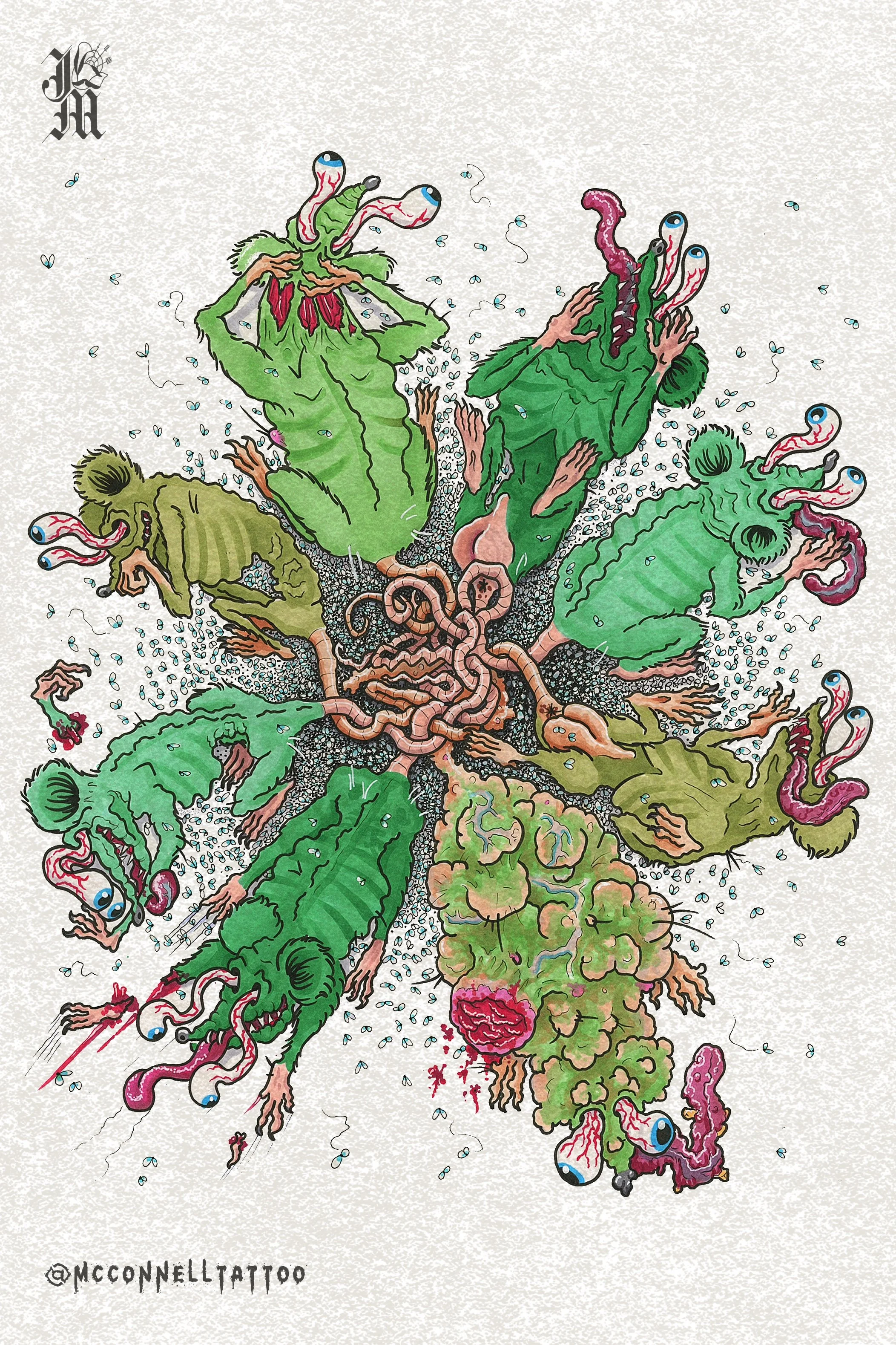 Colorful tattoo of green rats with multiple eyes, tentacles, and green scaly skin, holding a smaller creature, with tiny flying insects around, signed by @MCCONNELTTATTOO.
