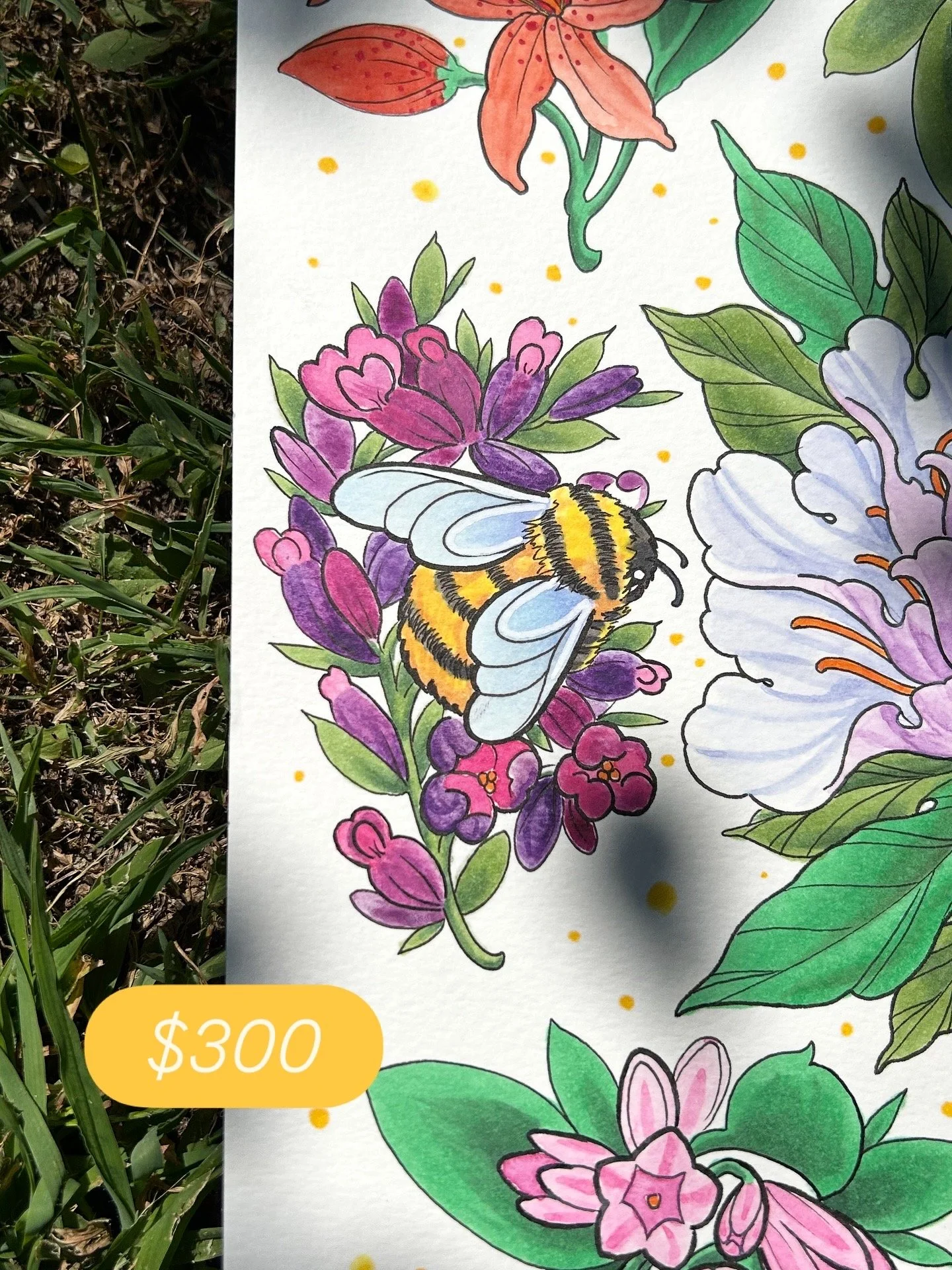 Colorful illustration of flowers and a bee on a white background with gold dots, for sale at $300.