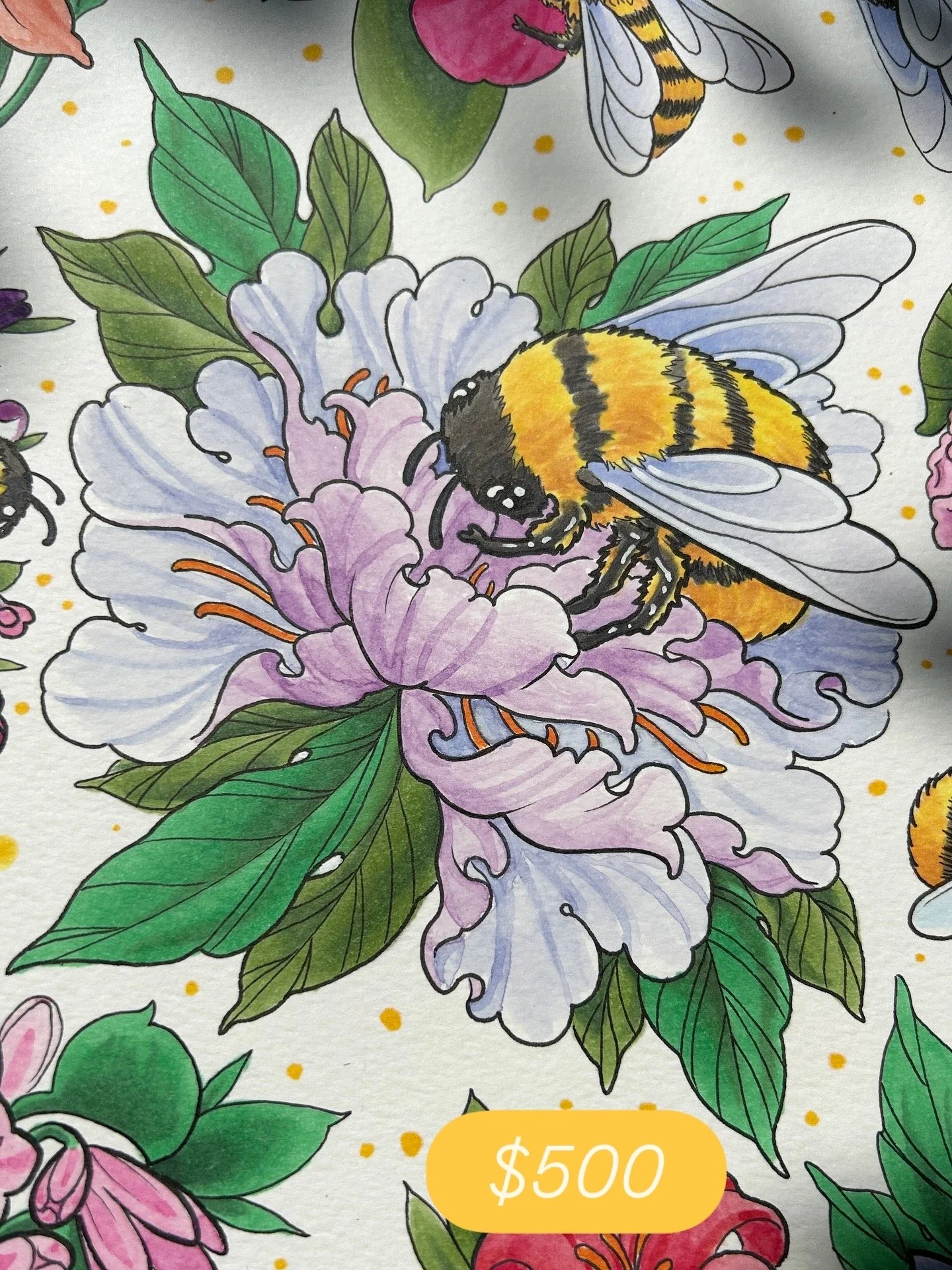 Colorful illustration of flowers, leaves, and bees, with a price tag of $500 overlaid.