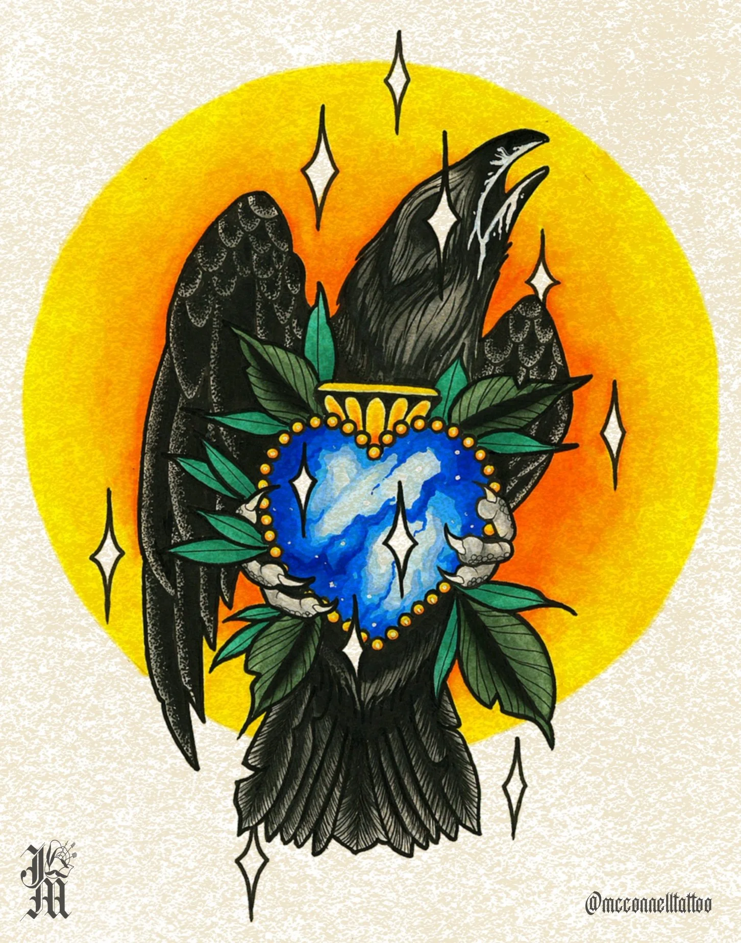 Black angel wings holding a blue and white planet Earth with green leaves, surrounded by sparkling stars and a yellow halo background, with Gothic-style initials and social media handle.