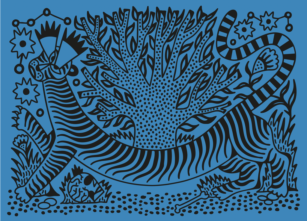 Blue and black illustration of a tiger lying down with a large tree in the background, surrounded by abstract plants and decorative elements.