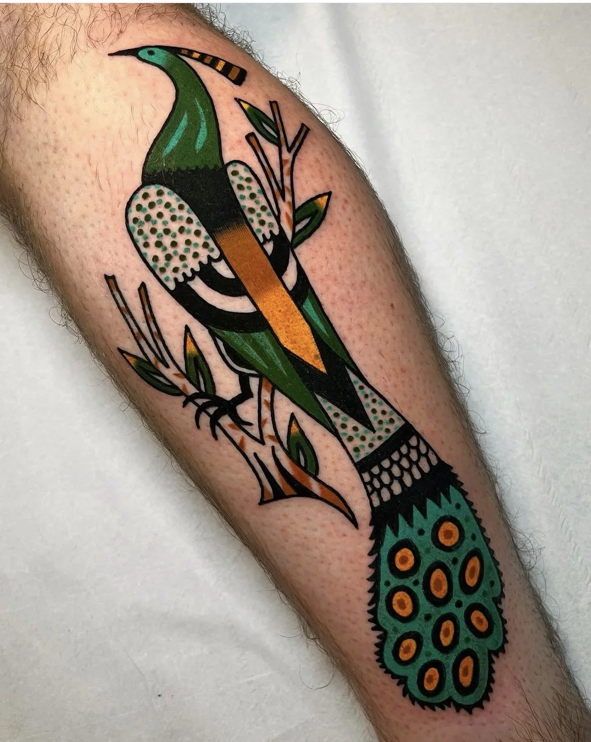 Colorful tattoo of a stylized bird with a long tail and intricate details, featuring green, orange, black, and white colors on a person's arm.