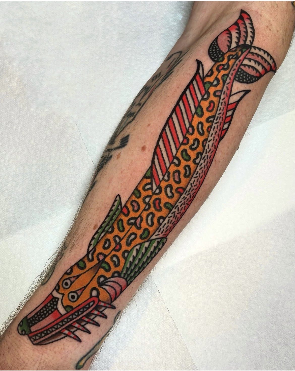 Colorful tattoo of a hot dog with a leopard print bun on a person's forearm.