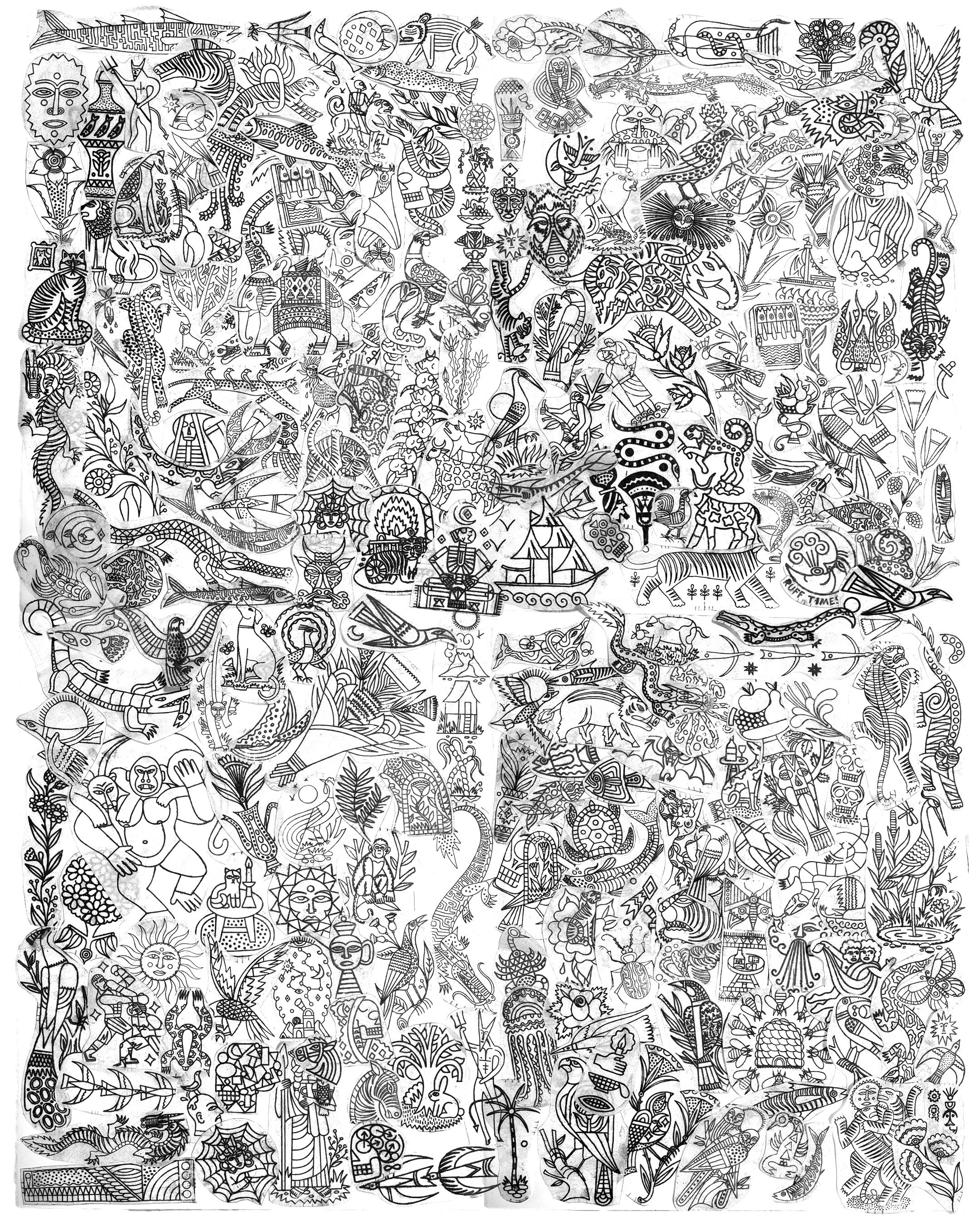 An intricate black-and-white drawing filled with various detailed illustrations of animals, mythical creatures, human figures, and abstract patterns, reminiscent of a dense folk art or tribal mural.