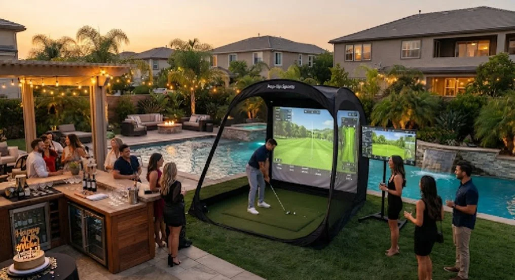 People gathered in a backyard with a pool, watching and participating in a golf simulator setup during sunset.