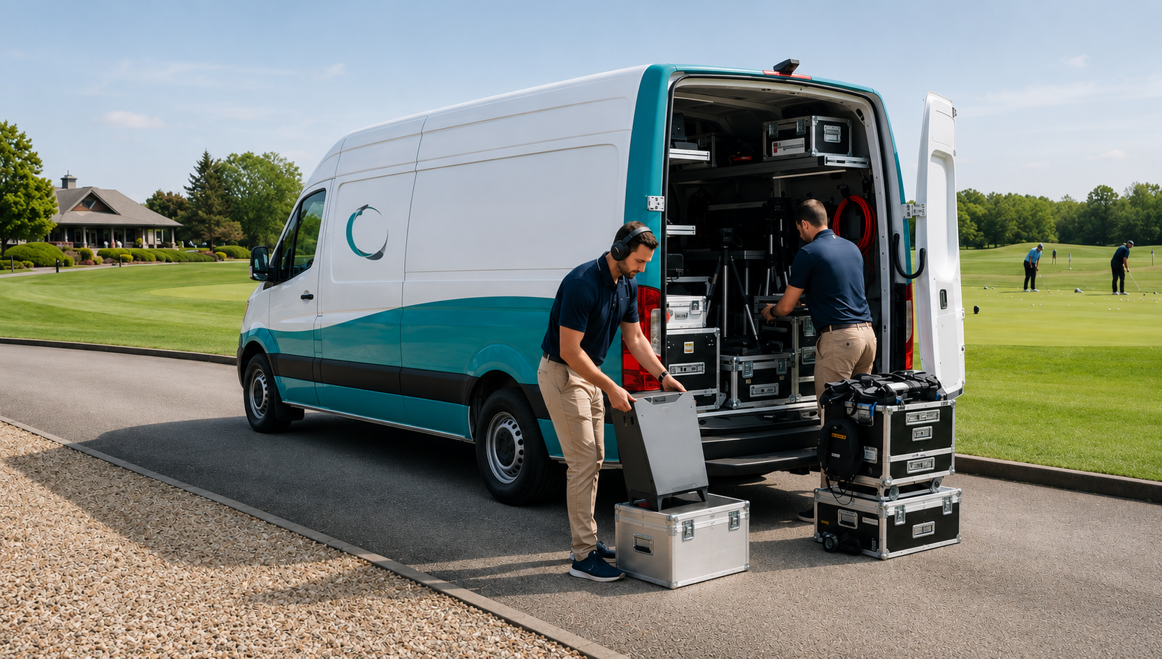 Two tech workers preparing equipment from a white service van parked on a golf course. In the background, golf players are practicing on the green.