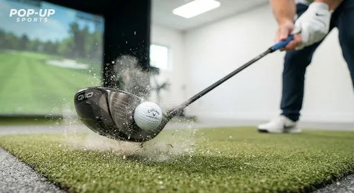 A person hitting a golf ball with a club indoors, on a practice mat, with a screen showing a golf course in the background.