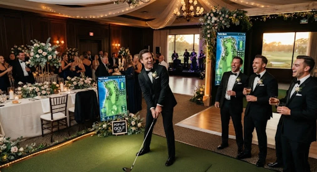 A wedding reception scene with a man in a tuxedo playing golf on an indoor putting green, surrounded by guests in formal attire, some of whom are holding drinks, with decorated tables and floral arrangements, and a band performing in the background.