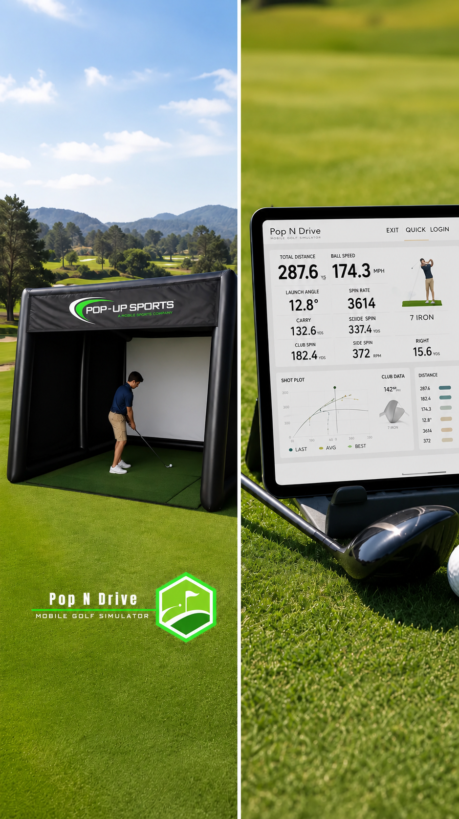 A young boy practicing golf in a mobile golf simulator tent with a scenic golf course in the background. Next to him, a tablet displays detailed golf swing data, including distance, ball speed, launch angle, and other stats.